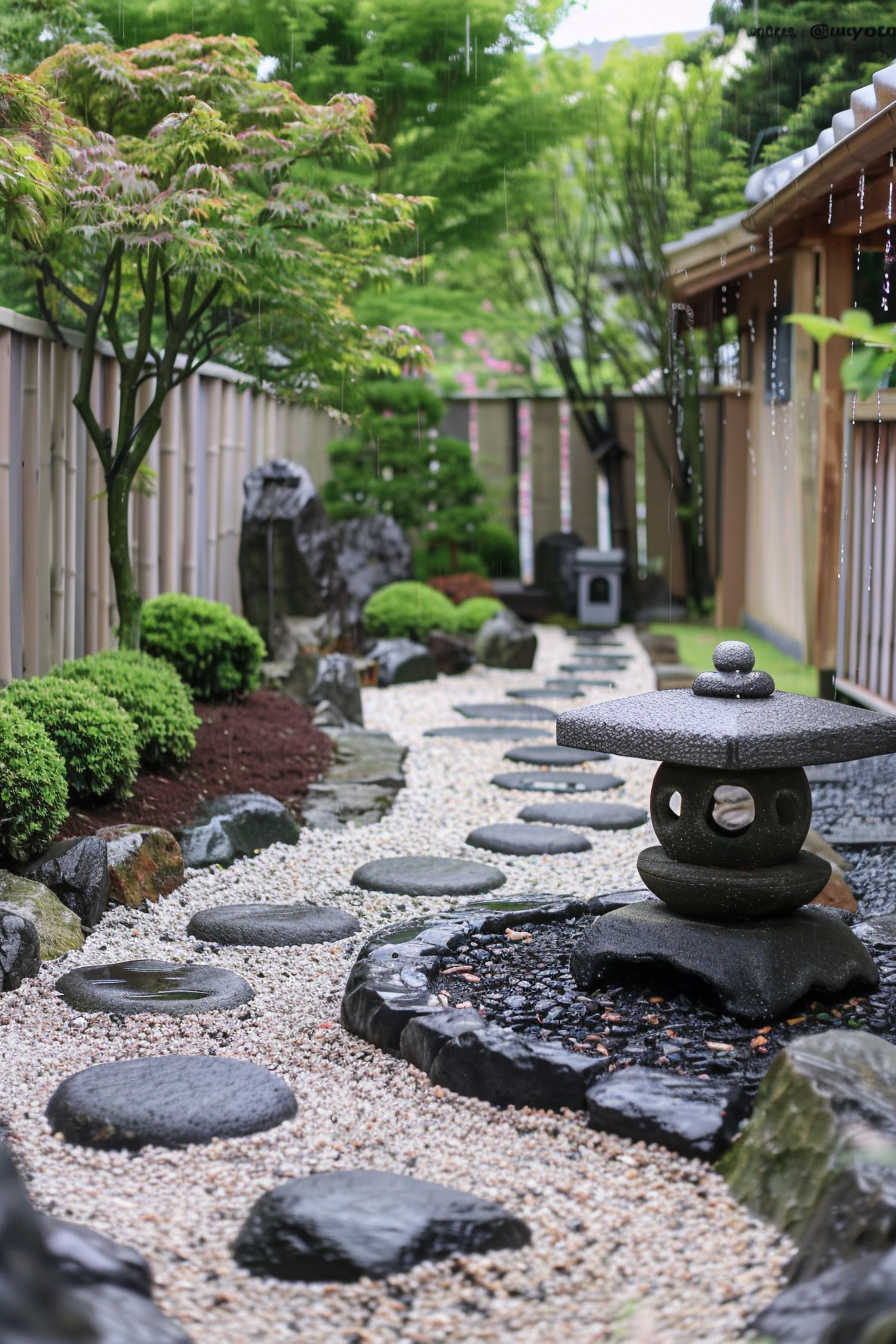 A serene Japanese garden with a stone path, lanterns, manicured bushes, and a gentle rain falling.