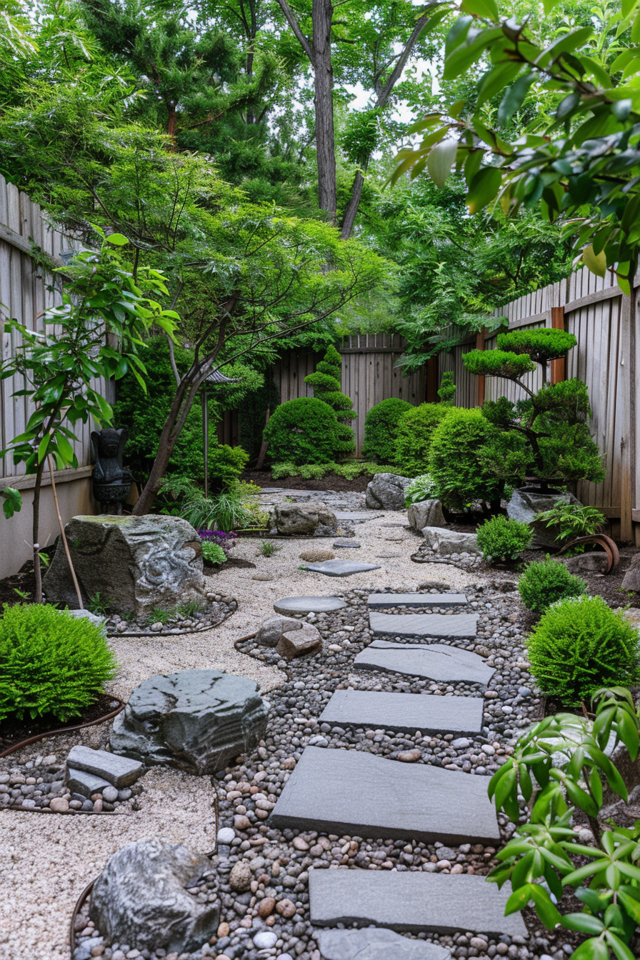 A serene Japanese-style garden with stone path, trimmed bushes, and mature trees, enclosed by a wooden fence.