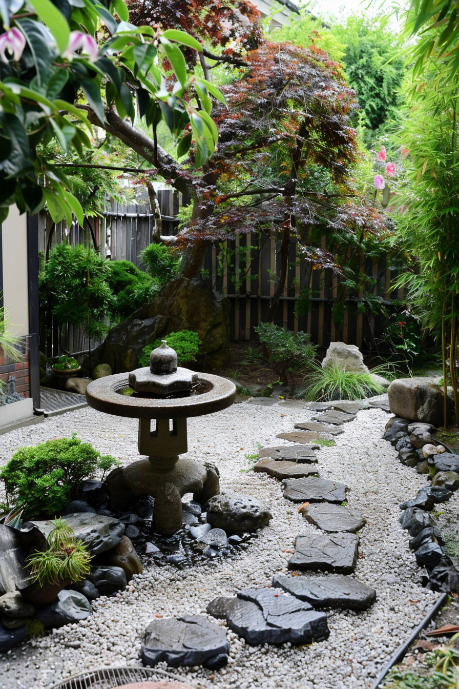 A serene Japanese garden with a stone lantern, water basin, stepping stones, and lush foliage.