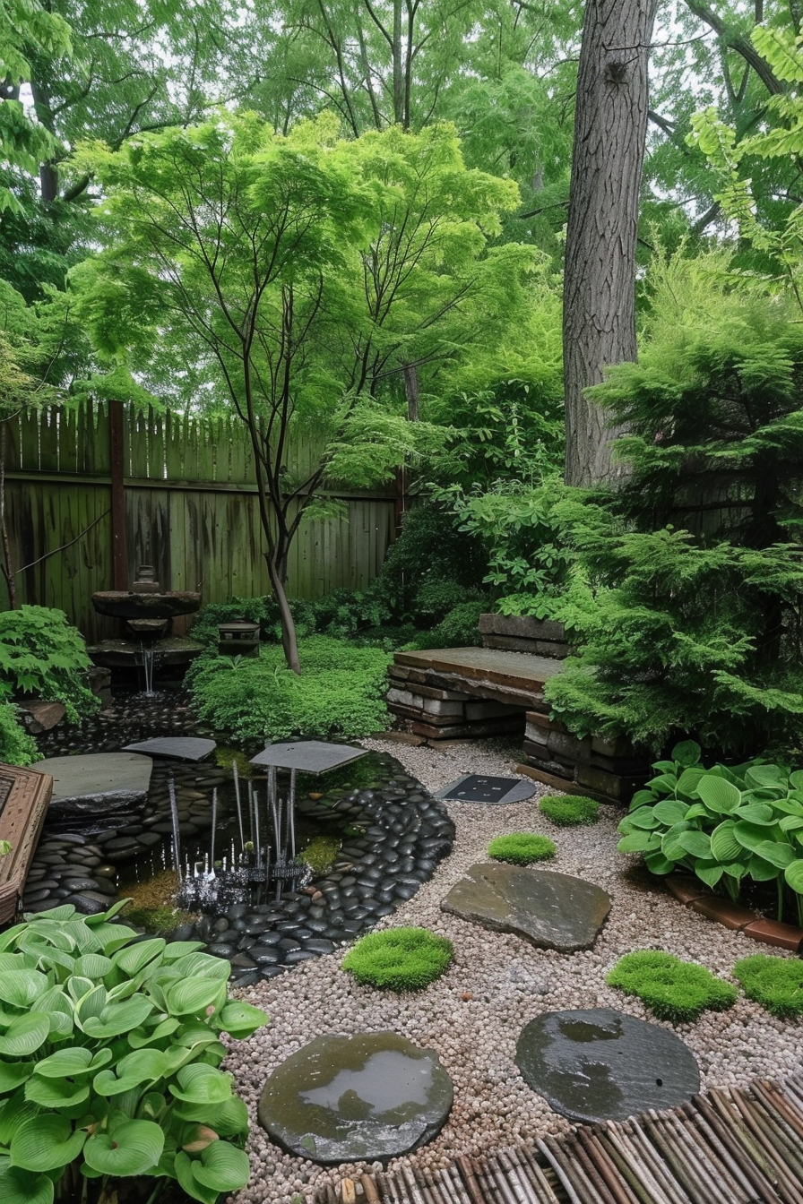 A serene garden with a stone path, fountain, various green plants, and a wooden fence surrounded by tall trees.