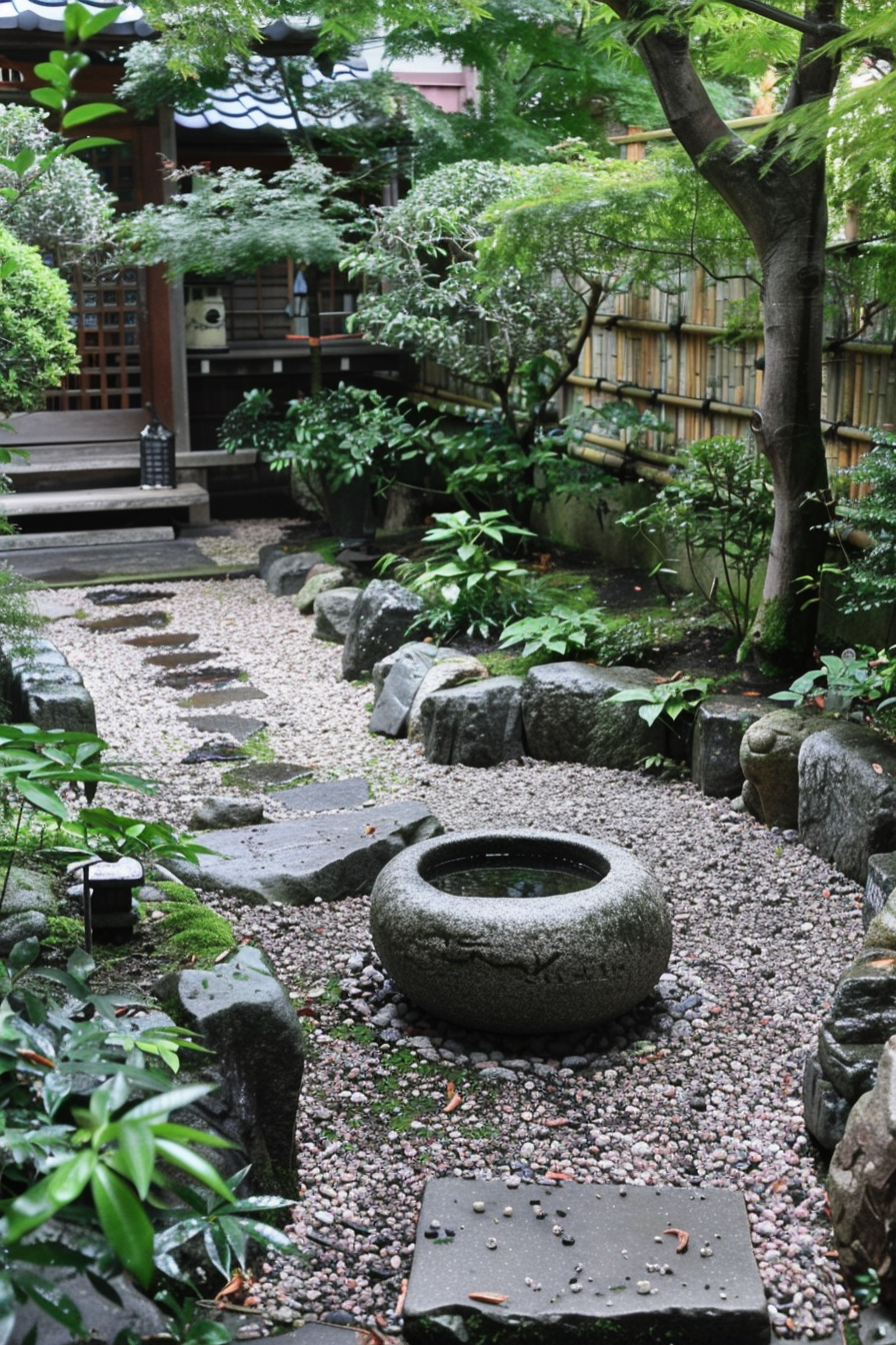 ALT: A tranquil Japanese garden with stepping stones leading to a wooden veranda, surrounded by lush greenery, a stone basin, and a bamboo fence.