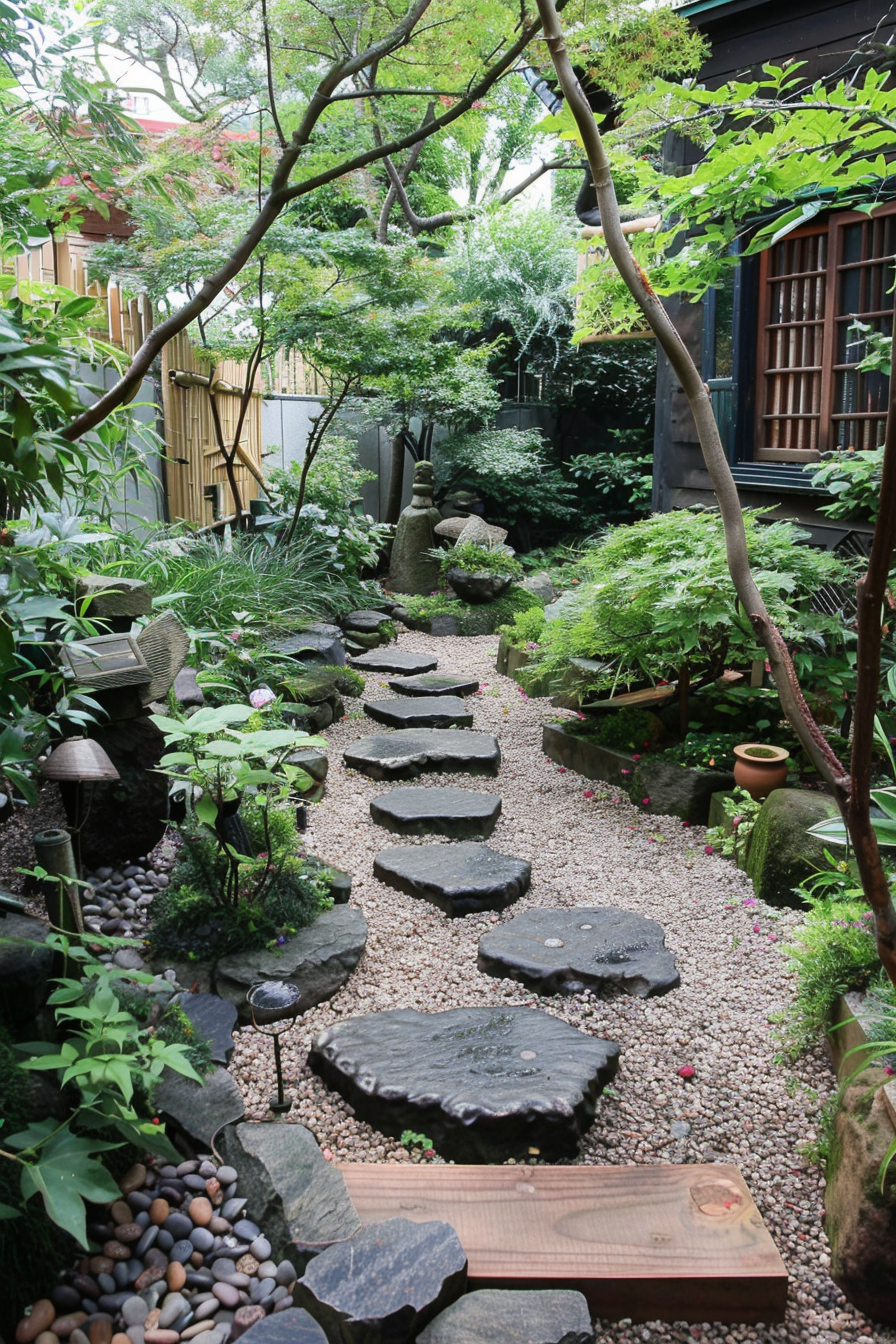 A serene Japanese garden pathway with stepping stones surrounded by lush greenery, plants, and traditional ornaments.