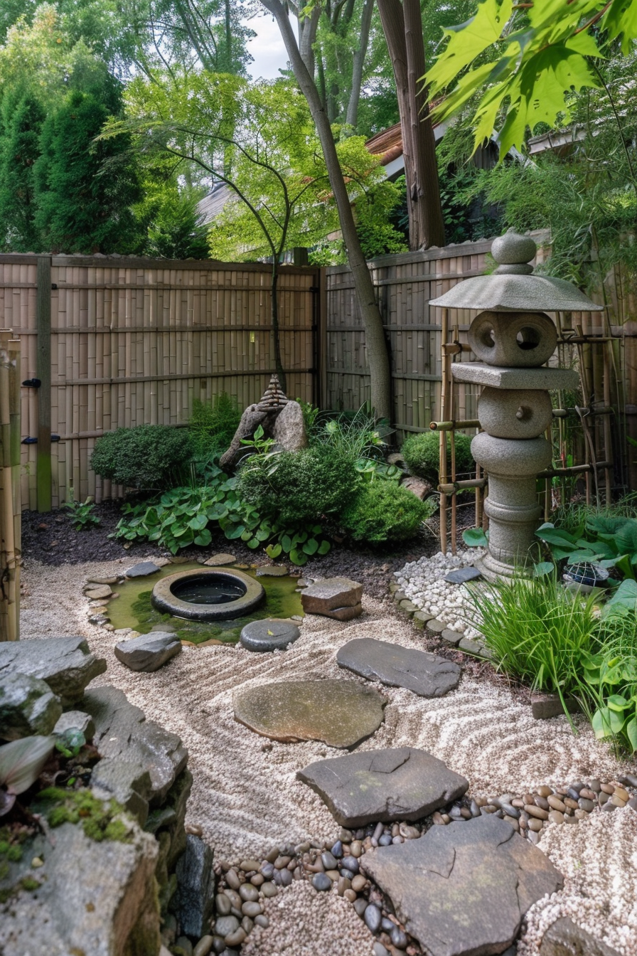A serene Japanese garden with bamboo fence, stone lantern, stepping stones, and a small pond surrounded by lush greenery.