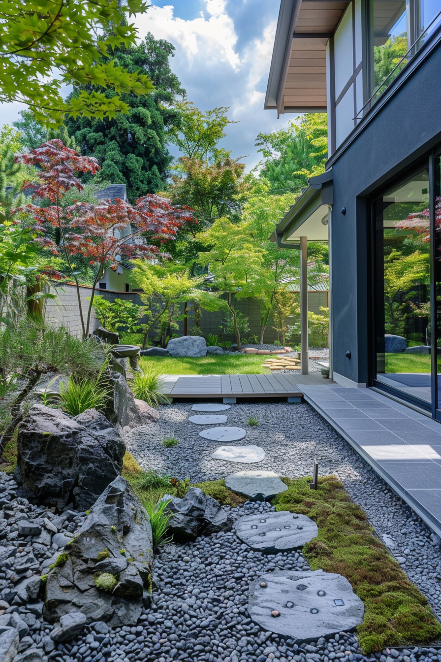 A tranquil Japanese garden with stepping stones, moss, and maple trees next to a modern house.
