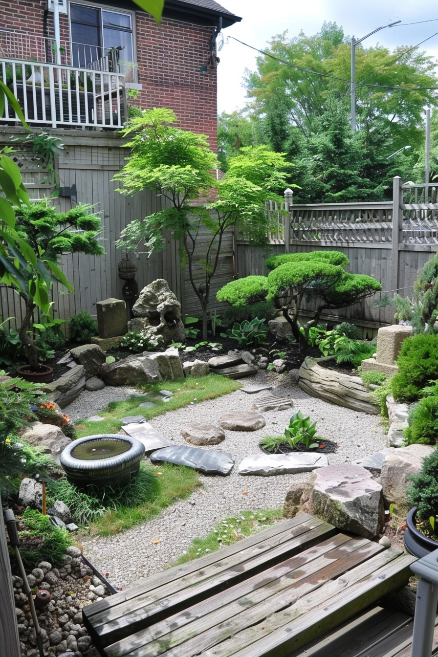 ALT: A tranquil backyard garden with pebble paths, sculpted shrubs, rocks, and a small pond, viewed from a wooden deck.