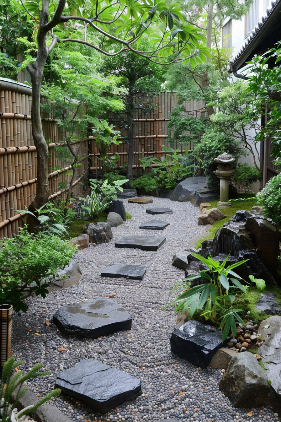 "Tranquil Japanese garden with stepping stone path, lush greenery, bamboo fence, and traditional stone lantern."