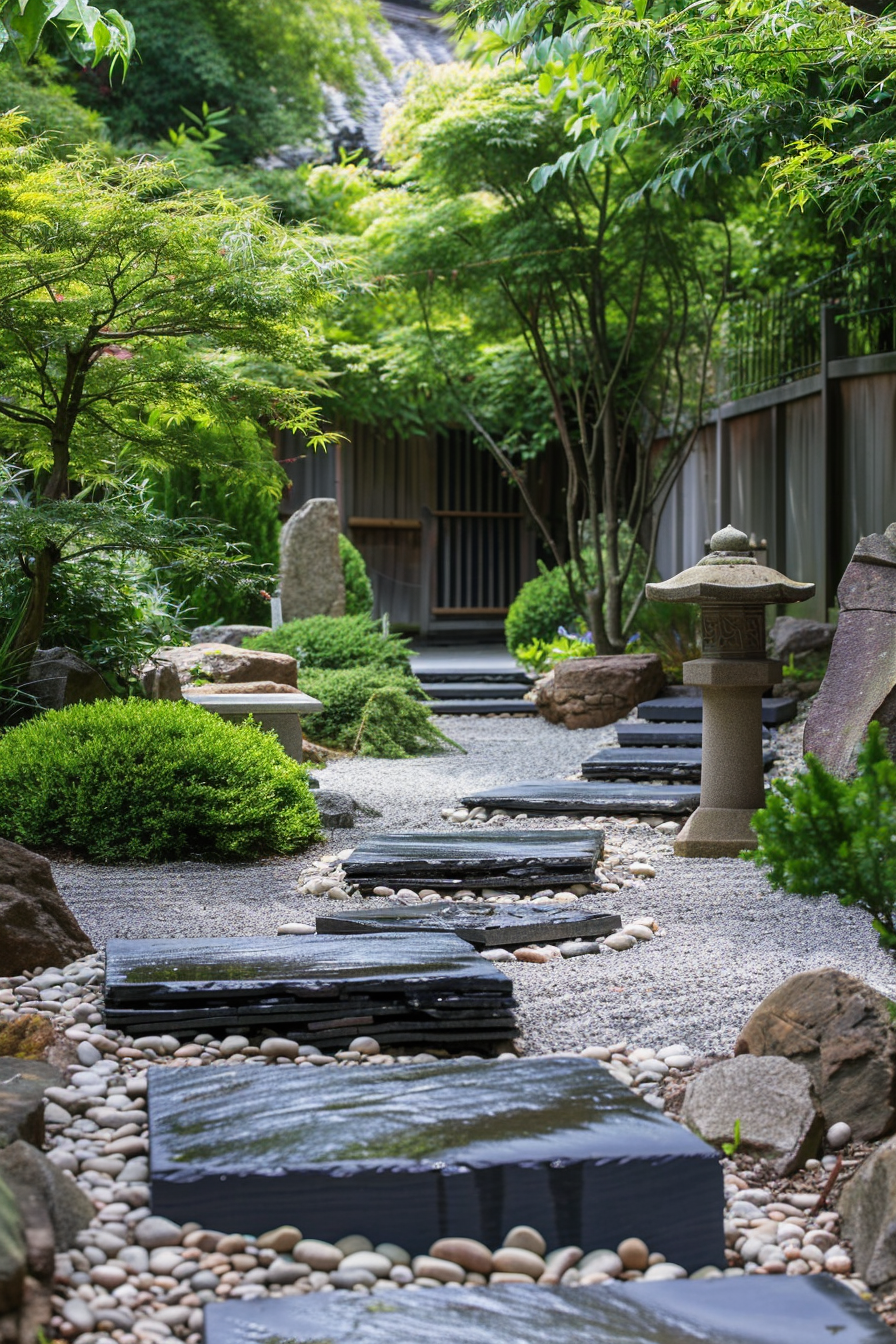 A serene Japanese garden pathway with stepping stones, surrounded by lush greenery, pebbles, and traditional lanterns.