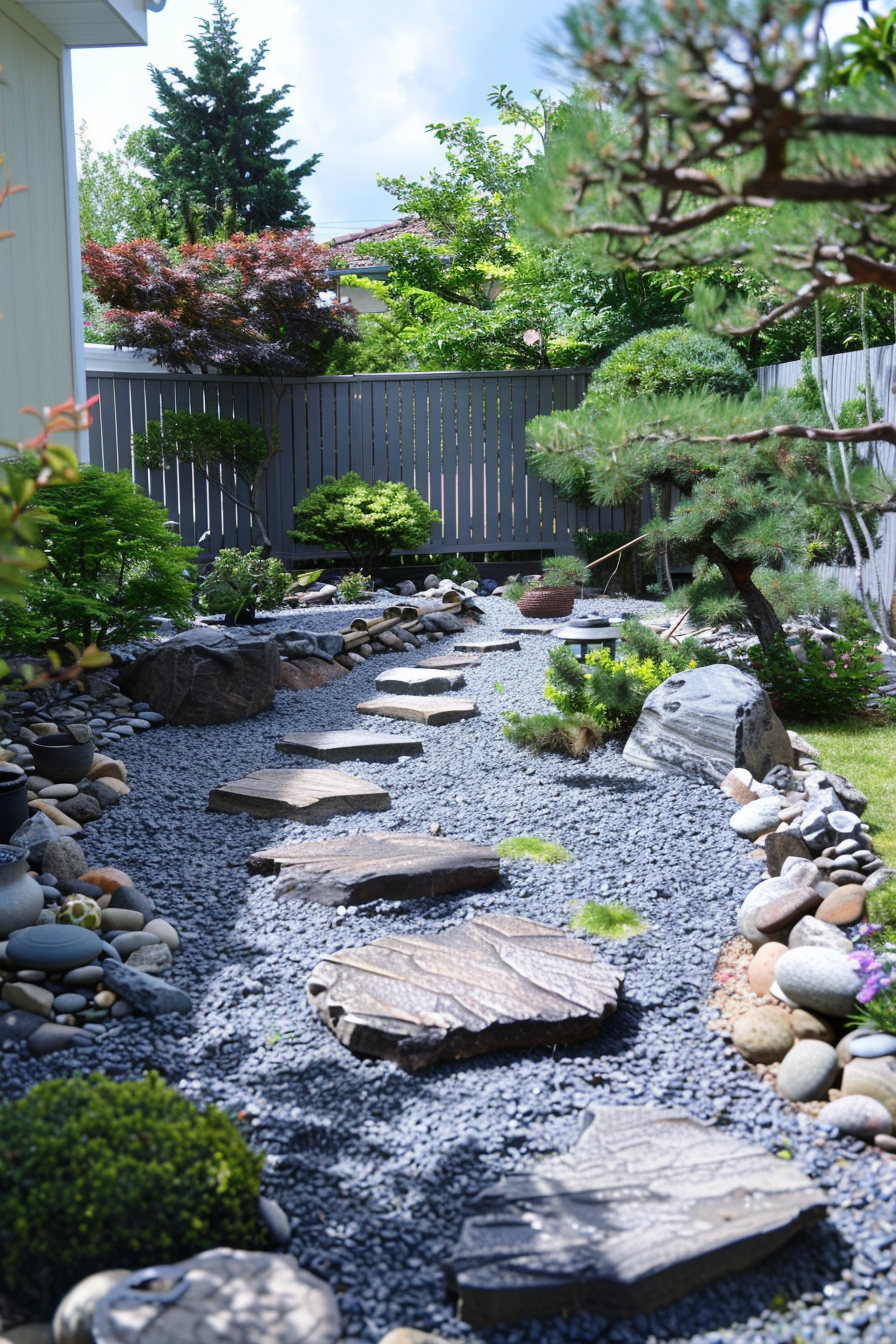 A serene Japanese-inspired garden with stepping stones, gravel, assorted plants, and a decorative lantern amidst lush greenery.
