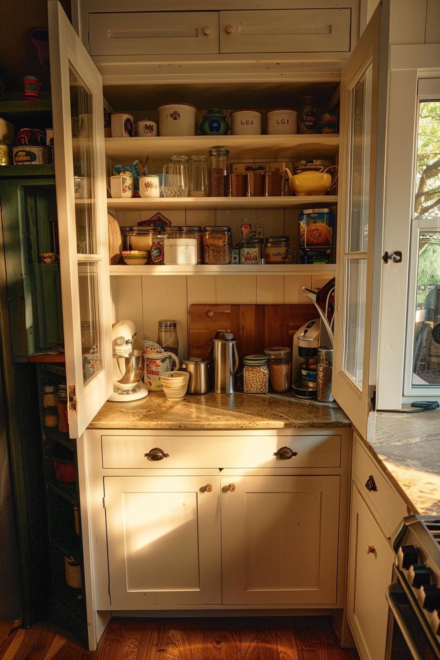 Open pantry cabinet in a kitchen with sunlight casting warm glow on shelves stocked with various food items and containers.