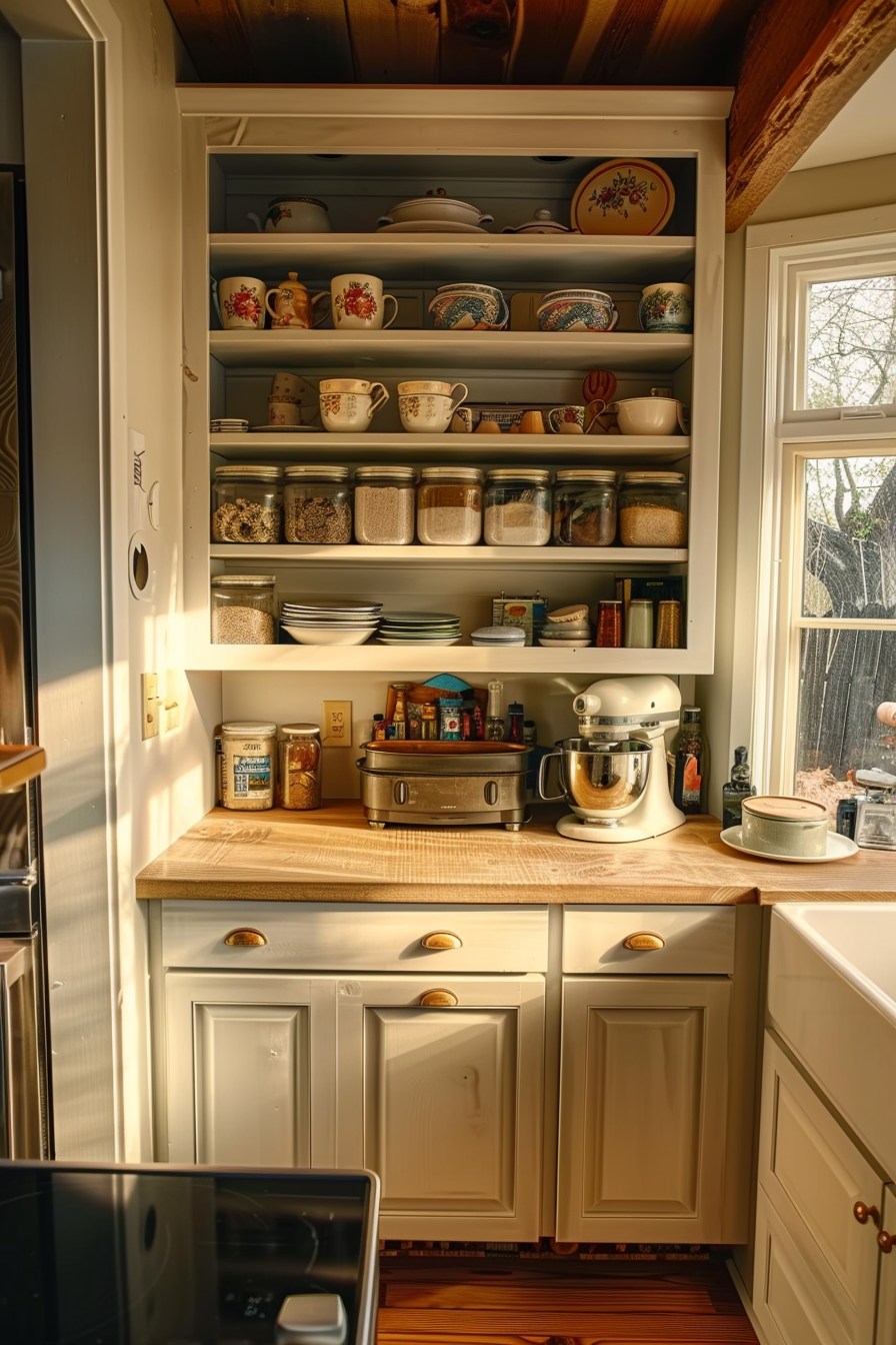 Cozy kitchen corner with open shelves stocked with dishes and jars, a mixer on the counter, and warm sunlight streaming in.