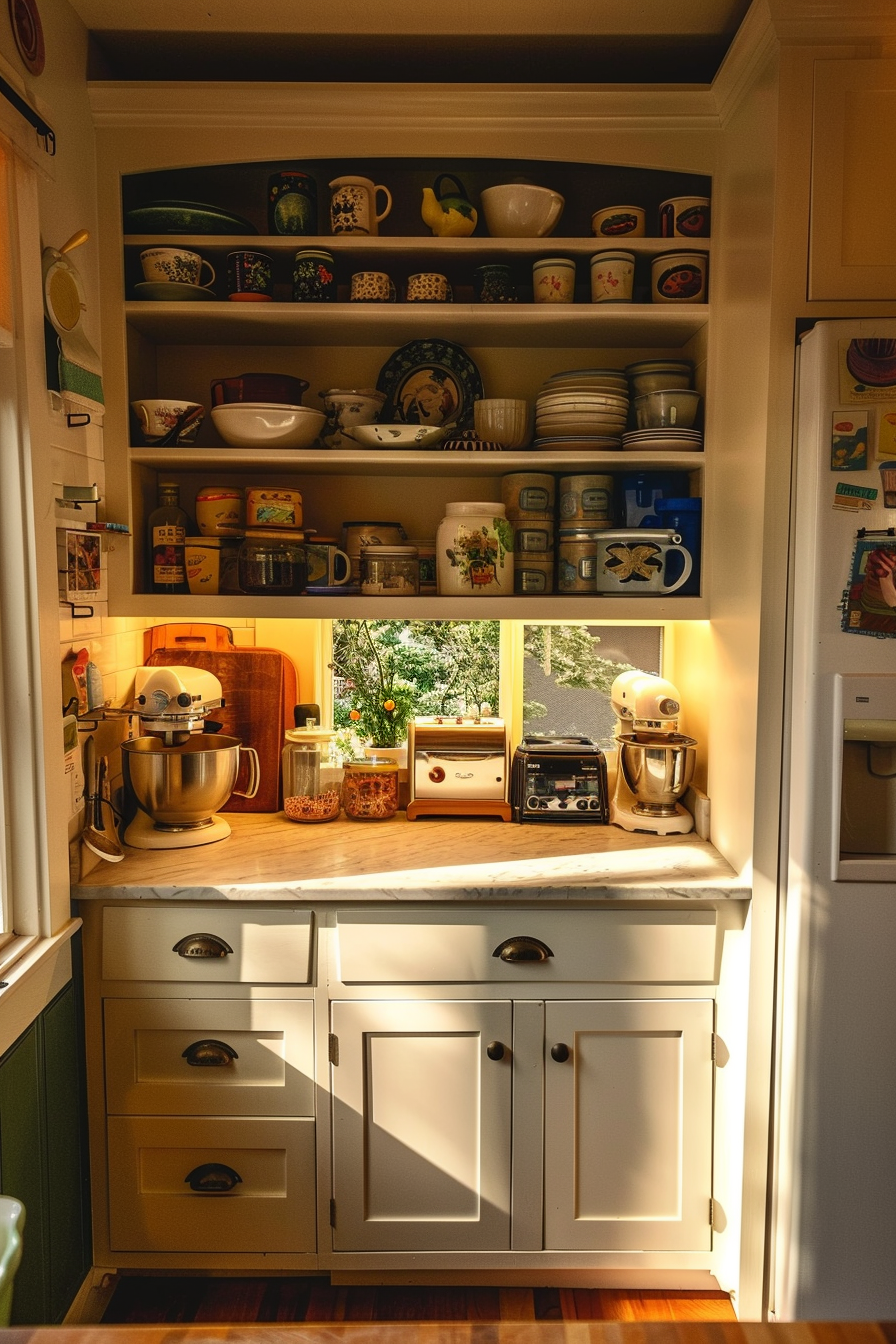 Cozy kitchen nook with sunlight streaming in, showcasing a mixer, toaster oven, and shelves filled with assorted dishware.