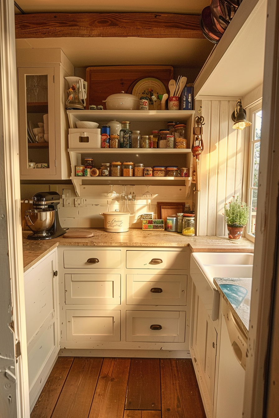 Cozy kitchen interior with sunlight streaming in, featuring white cabinets, wooden countertops, and an assortment of jars and utensils.