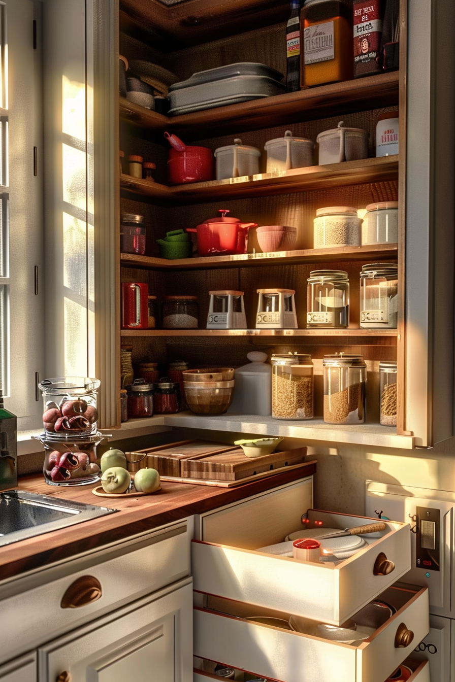 Sunlit cozy kitchen corner with open pantry shelves stocked with pots, jars, and containers; apples on the counter; drawers slightly open.