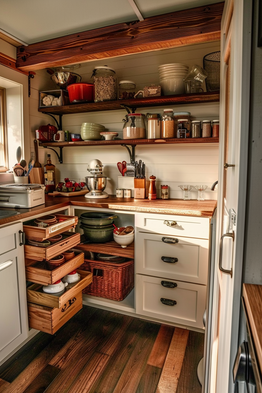 Cozy kitchen interior with wooden shelves stocked with dishes and jars, and drawers filled with cookware bathed in warm light.