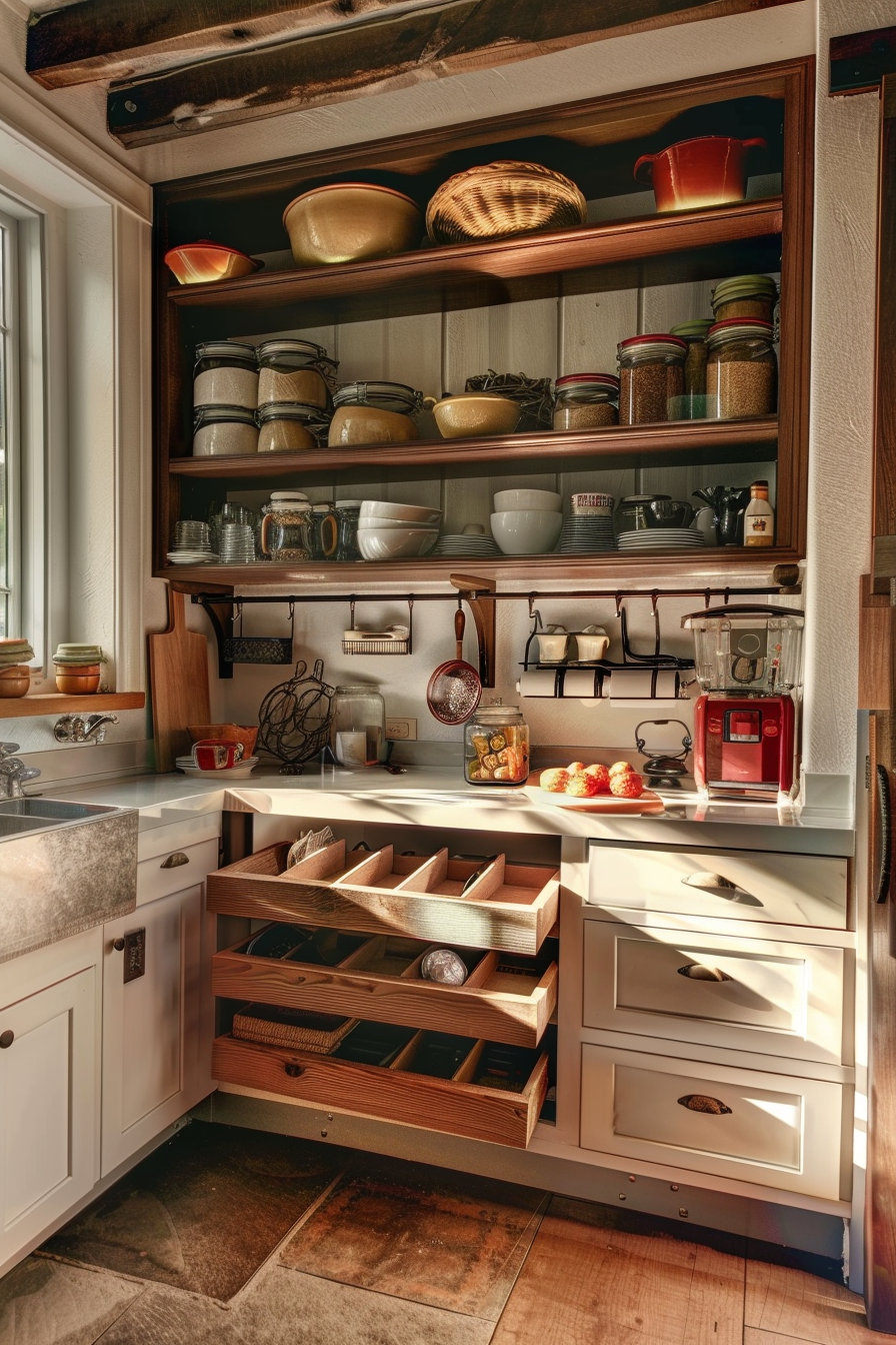 Cozy kitchen interior with wooden shelves filled with pottery, spices, and utensils, and an open drawer revealing organized compartments.