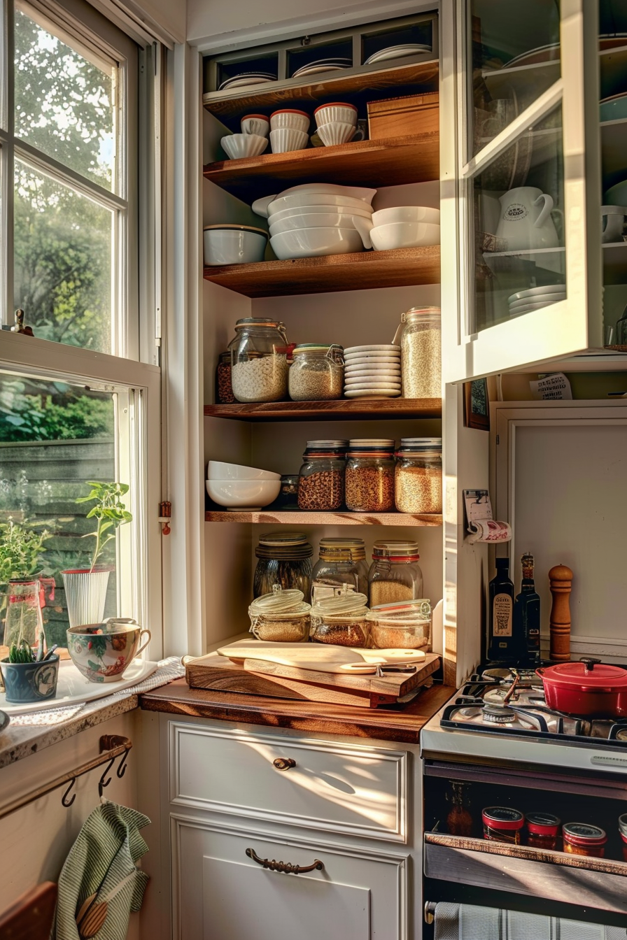 Sunlit kitchen corner with open wooden shelves stocked with dishes, jars of grains, and a cozy window view.