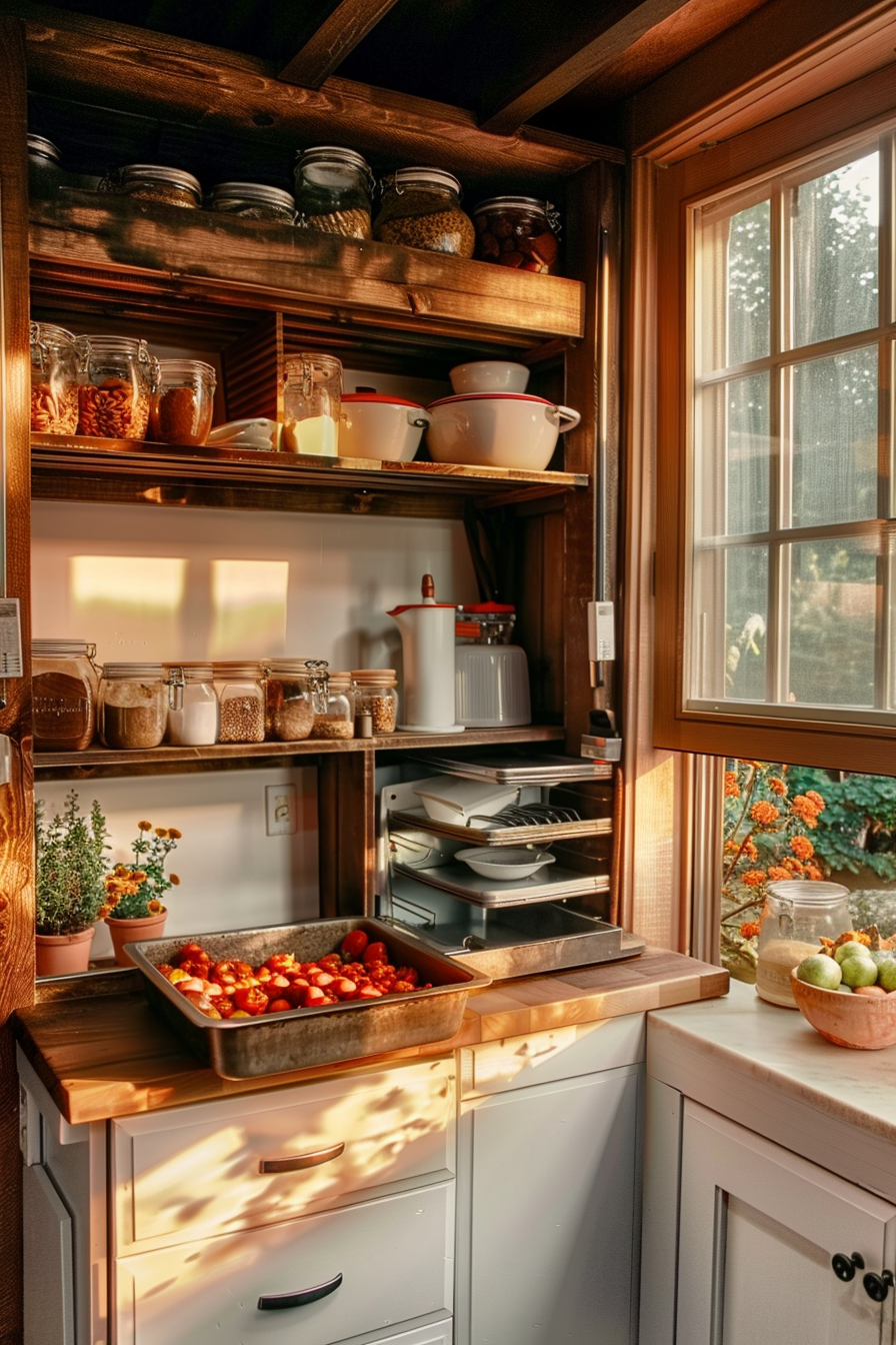 "Cozy kitchen interior at sunset with warm light, stocked shelves, a bowl of fresh strawberries on the counter, and plants by the window."