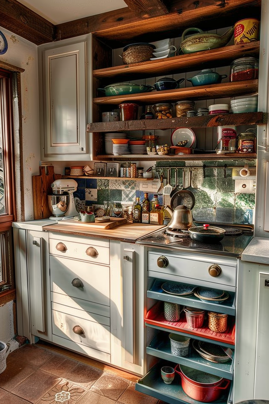A cozy kitchen corner with open shelves packed with colorful dishes, pots, a mixer, and a stove with a kettle.