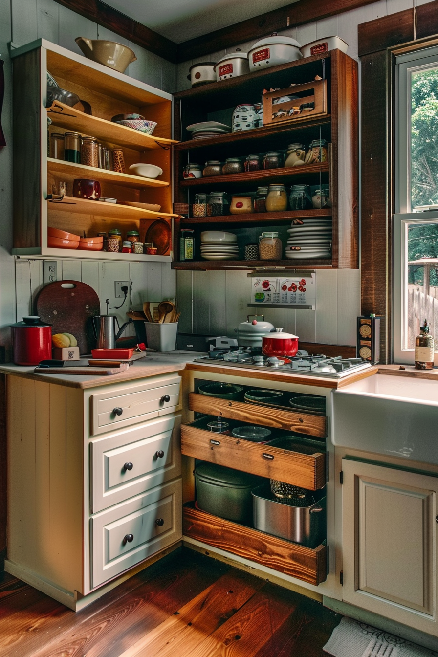 Cozy kitchen corner with open wooden cabinets filled with various dishes and jars, and a stove with red cookware on top.