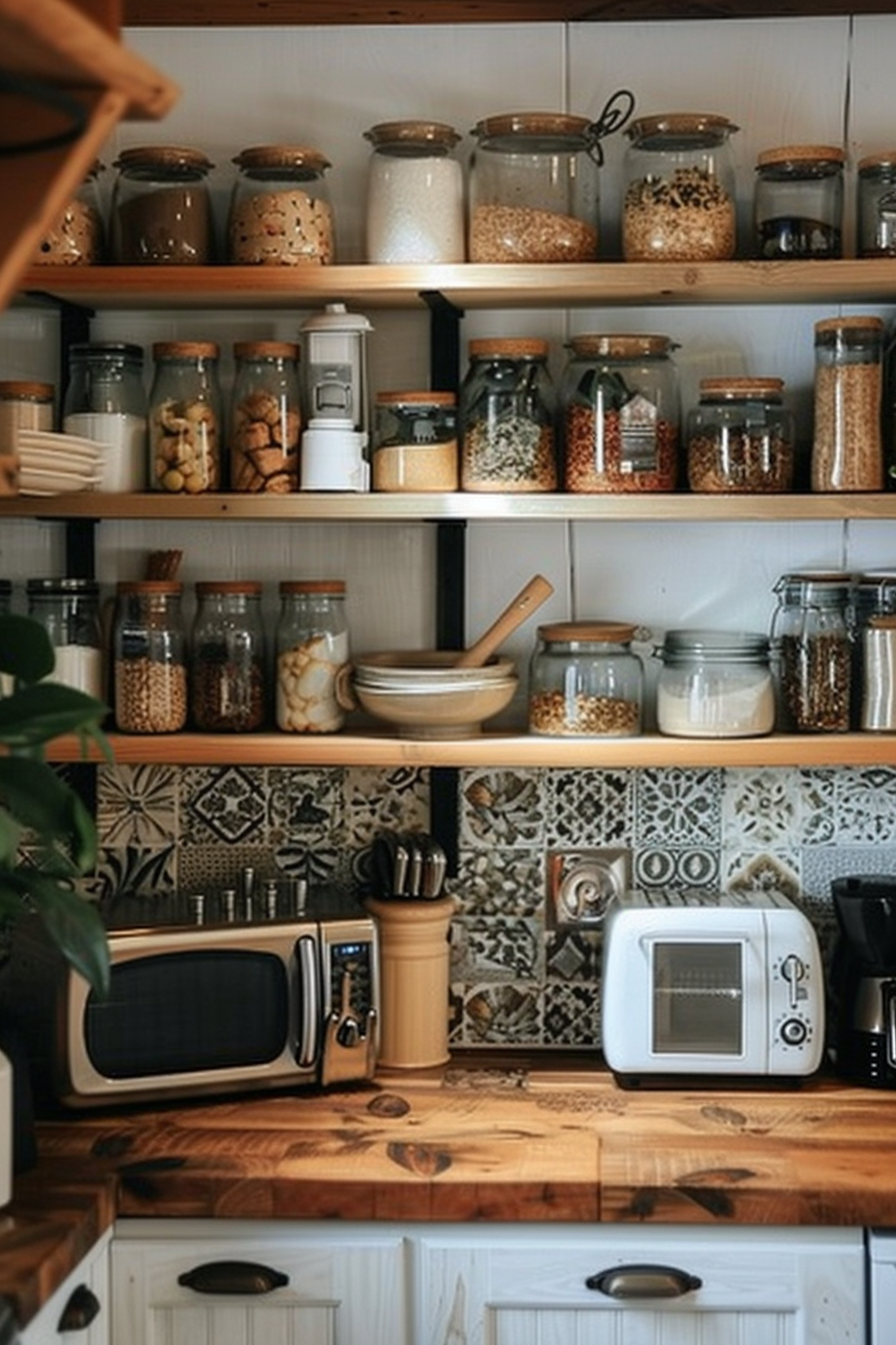 Organized kitchen shelves with various jars of dry goods, a microwave, and kitchenware on a patterned backsplash.