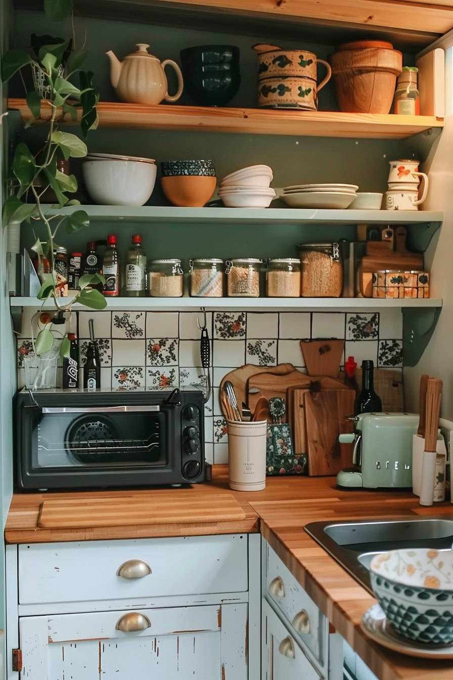 ALT: A cozy kitchen corner with open wooden shelves, various dishes and jars, a toaster oven, a potted plant, and a vintage aesthetic.