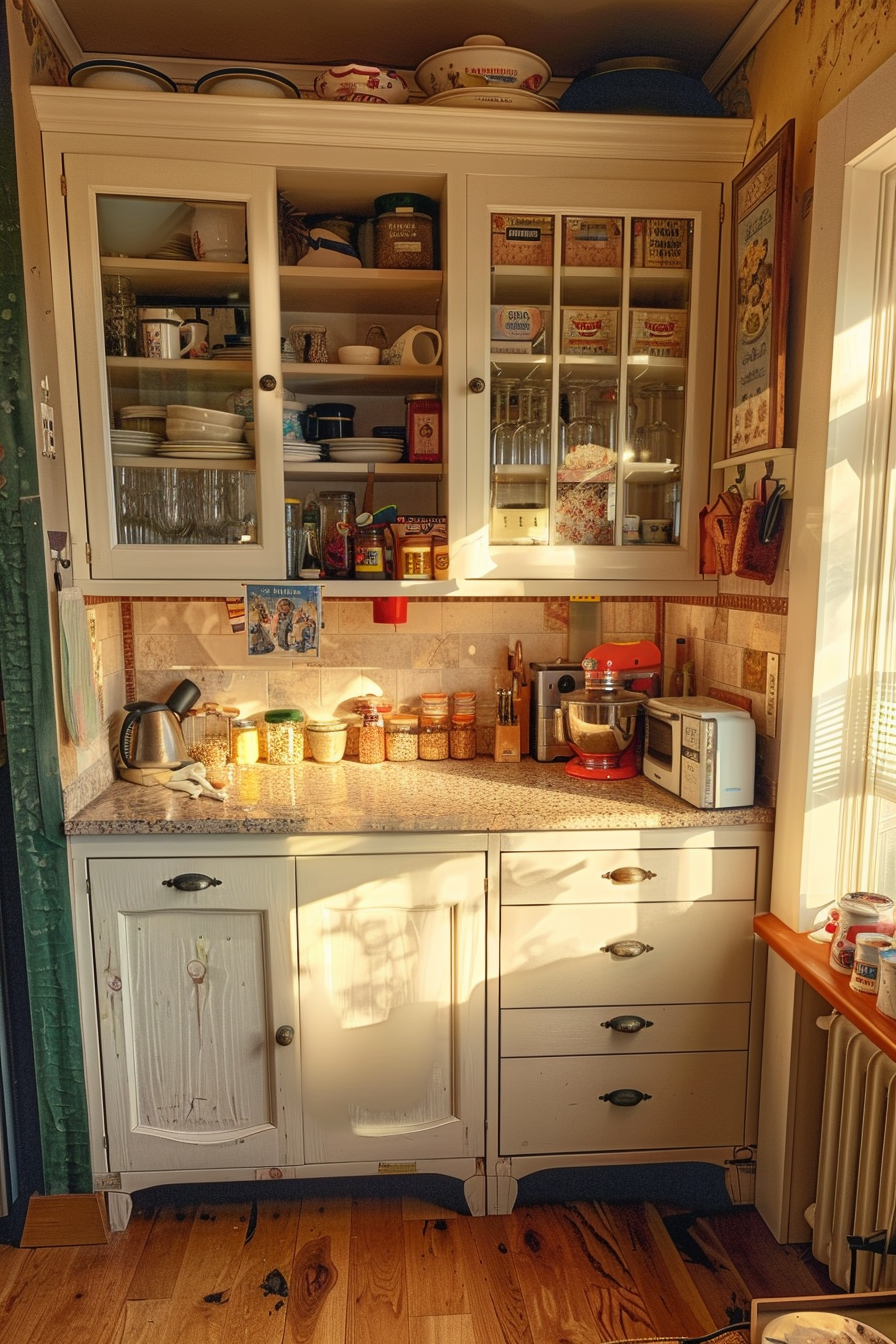 Cozy kitchen corner with sunlight, featuring an organized cabinet, kitchenware, and some appliances on the countertop.