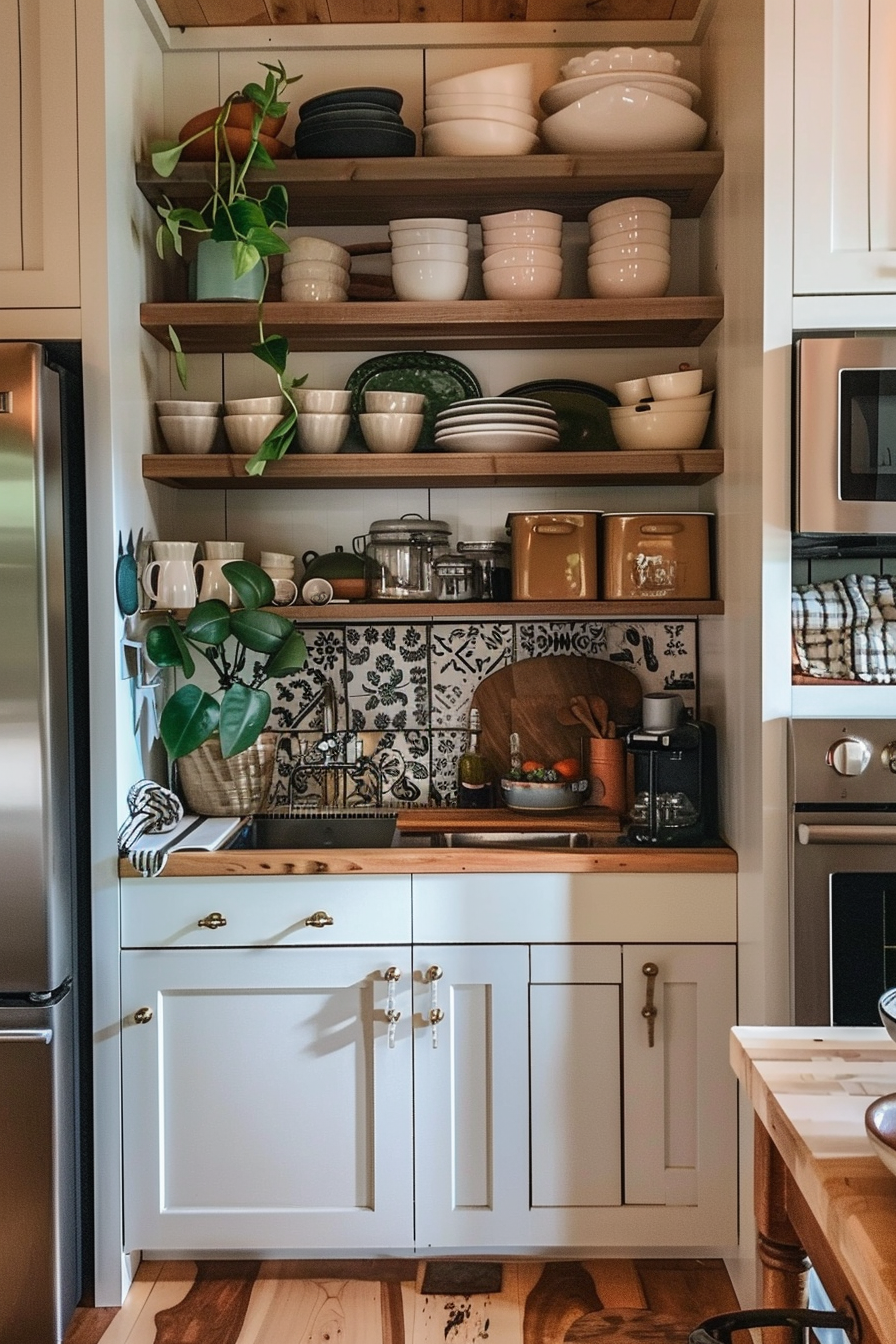 A cozy kitchen corner with open wooden shelves stocked with dishes, patterned backsplash, and countertop with appliances and plants.