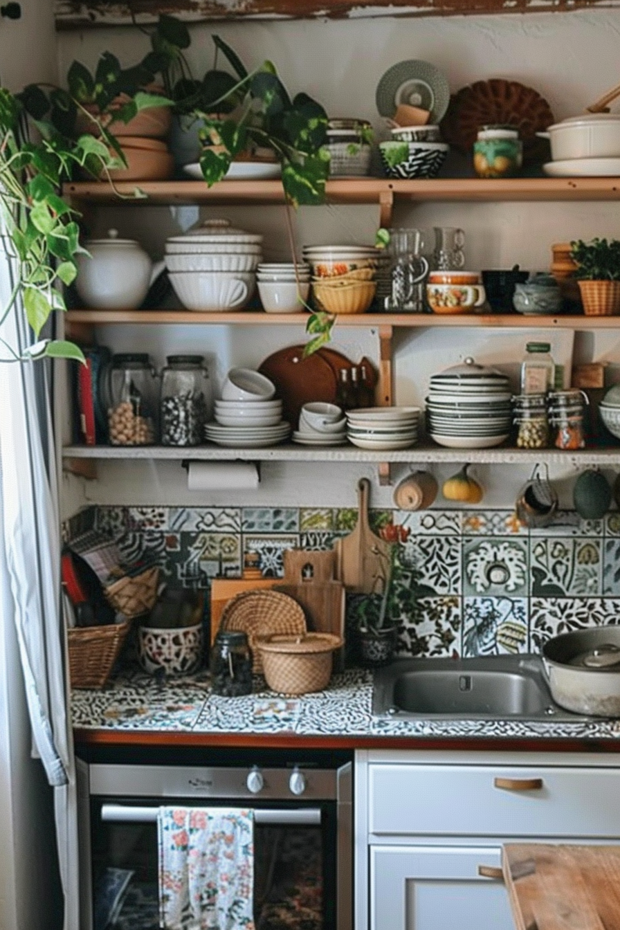 "Cozy kitchen interior with patterned tiles, wooden shelves stocked with various dishes and plants, and a stove with utensils."