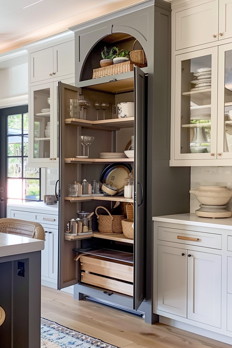 Modern kitchen pantry with open shelves filled with dishes and baskets, and pull-out drawers for storage.