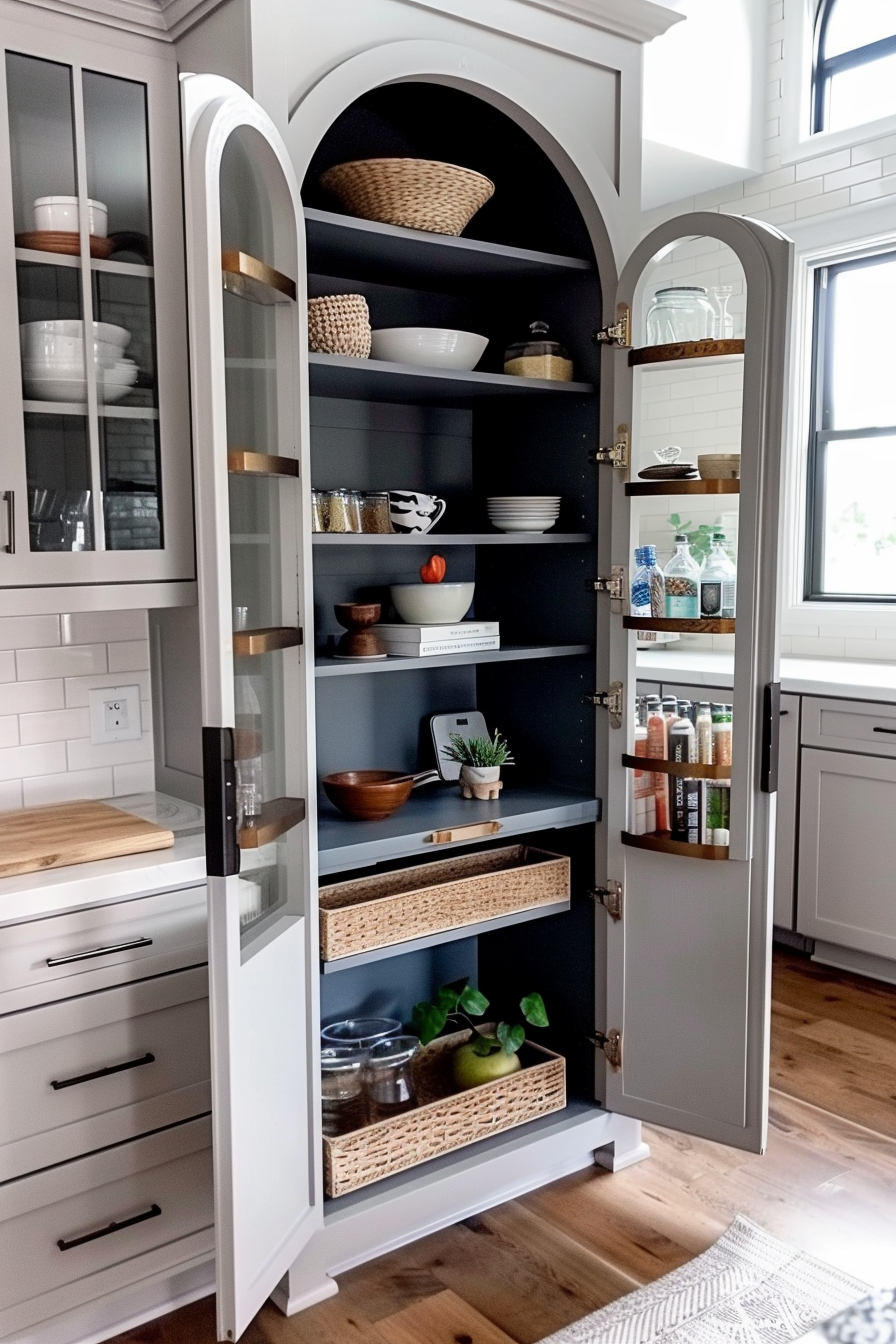 Modern kitchen pantry with arched design, open shelves filled with wicker baskets, dishes, and food items.