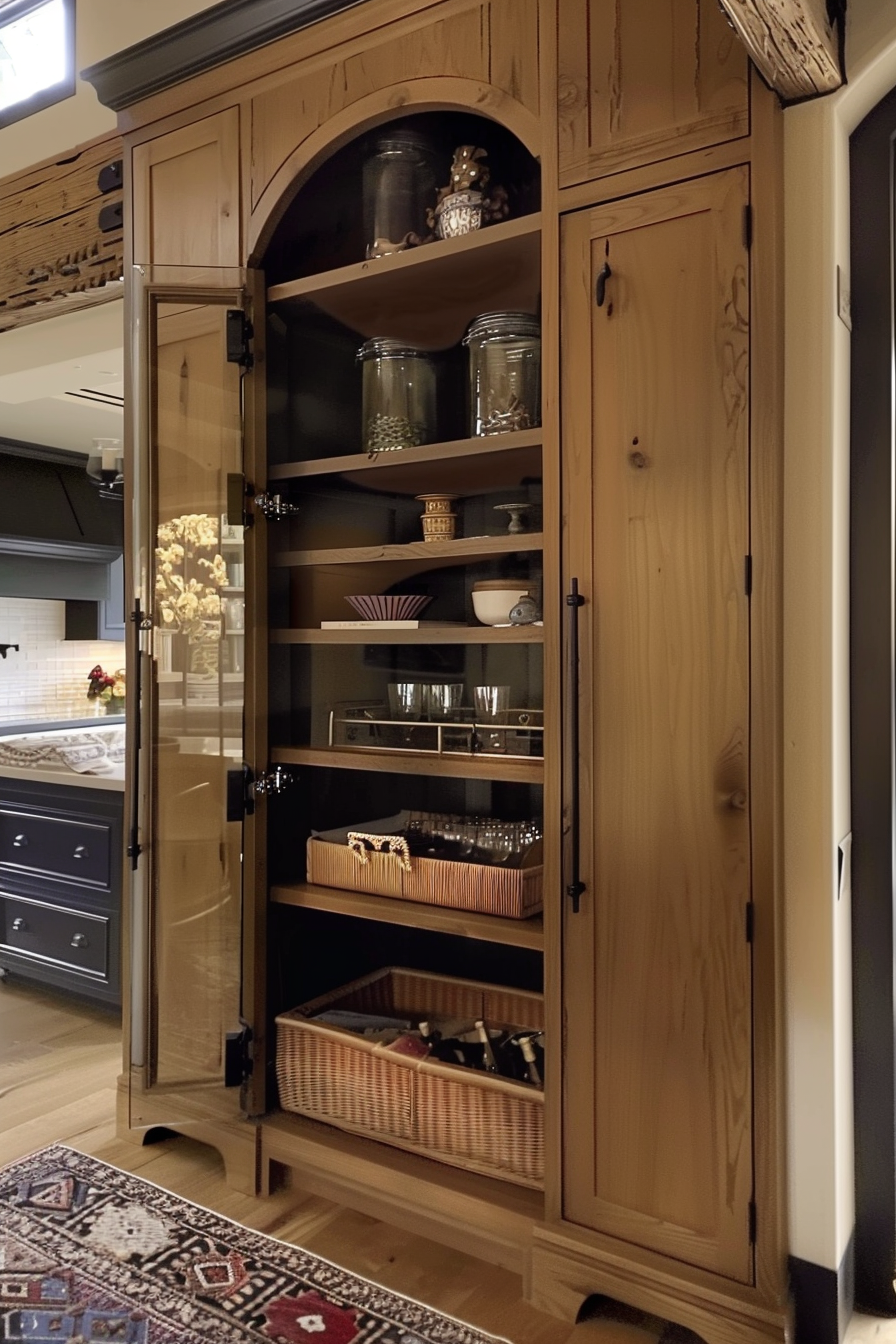 A tall wooden cabinet with glass doors partially open, revealing shelves of neatly arranged kitchenware and containers.
