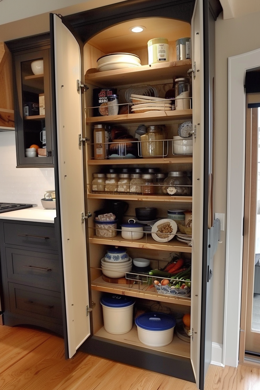 Organized pantry with shelves of food containers, plates, and vegetables, with doors open showing a well-stocked kitchen storage area.