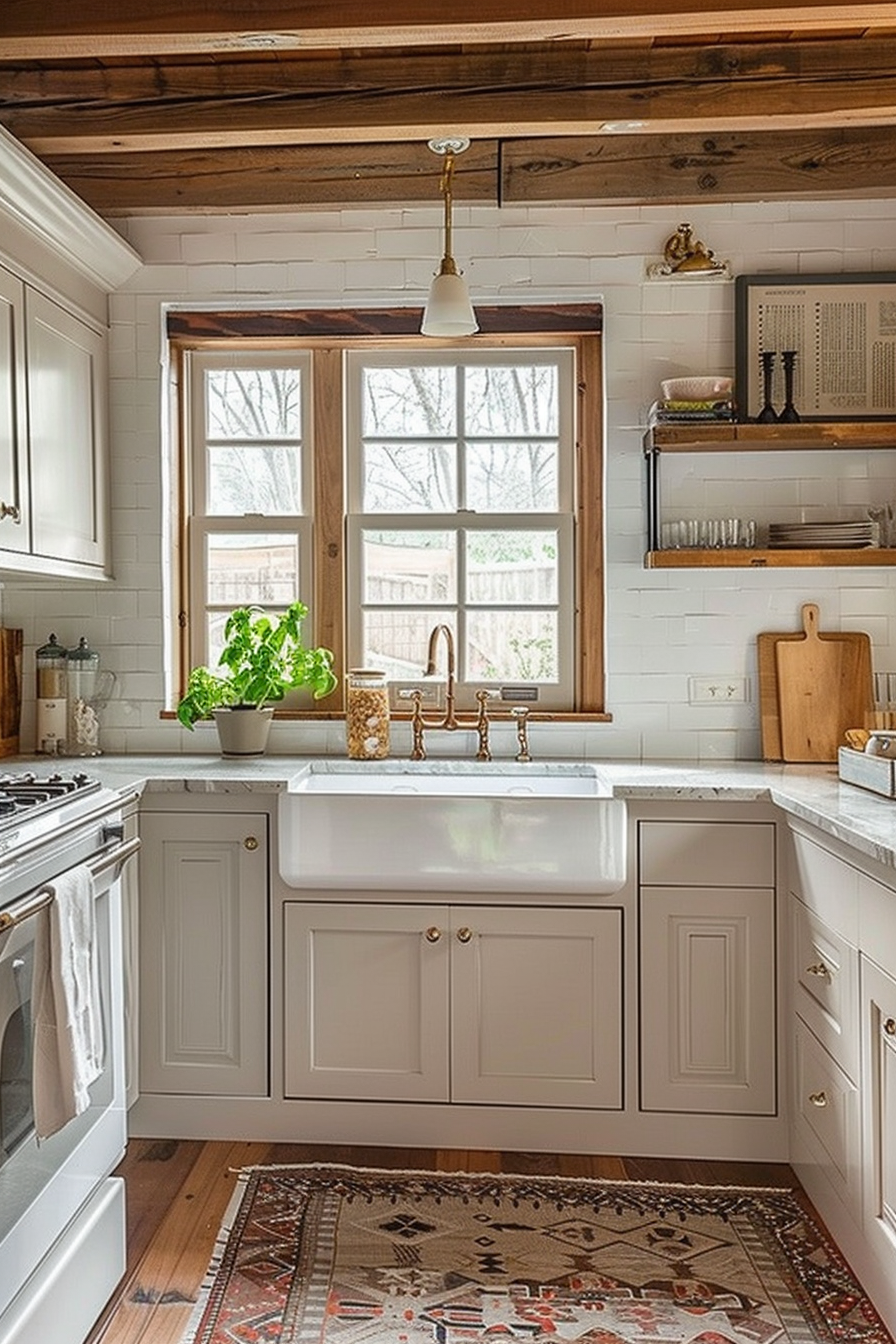 A cozy kitchen interior with white cabinetry, a farmhouse sink, wooden countertops, and a patterned rug. Natural light streams in from a window.