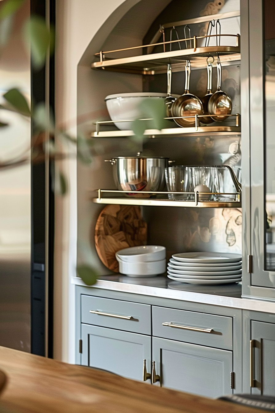 Elegant kitchen cabinet with glass doors revealing neatly organized dishes, pots, and utensils.