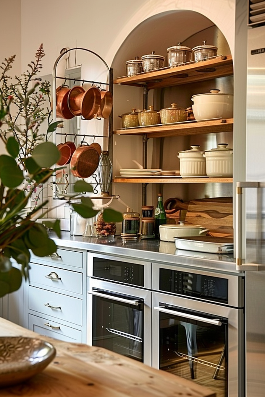 A cozy kitchen interior with copper pans hanging, wooden shelves with pots and dishes, and built-in modern ovens.