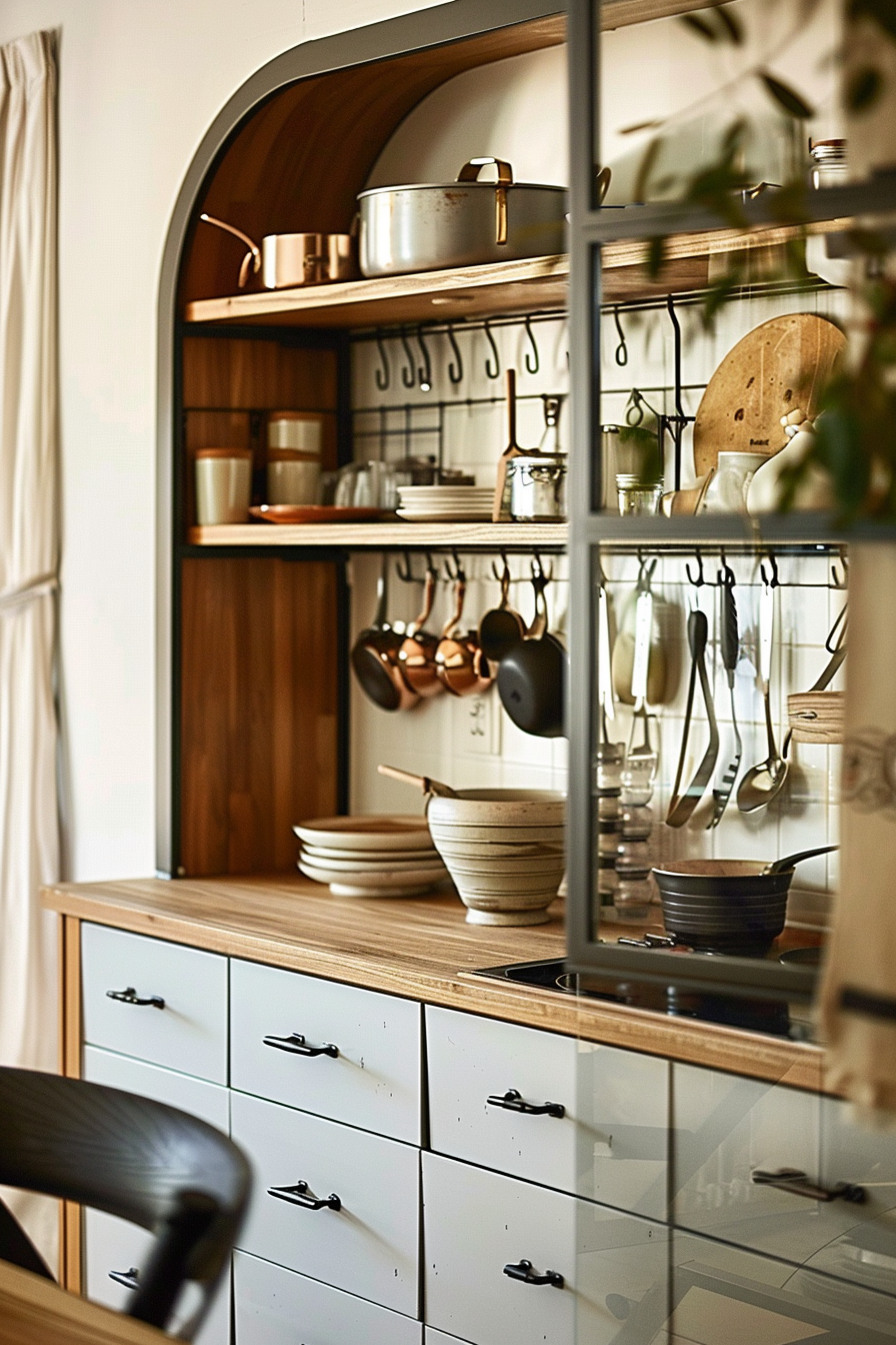 ALT Text: "Elegant wooden kitchen shelving full of cookware, pots, utensils, and dishes with a cabinet below."