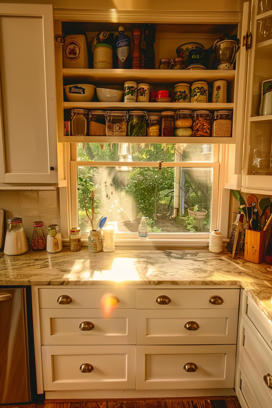 Cozy kitchen interior with sunlight streaming in through a window, illuminating jars on the counter and open shelves stocked with crockery.