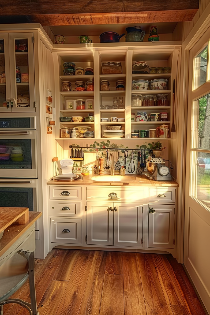 Cozy kitchen corner with wooden cabinets, shelves stocked with dishes and jars, countertops with appliances, and warm sunlight.