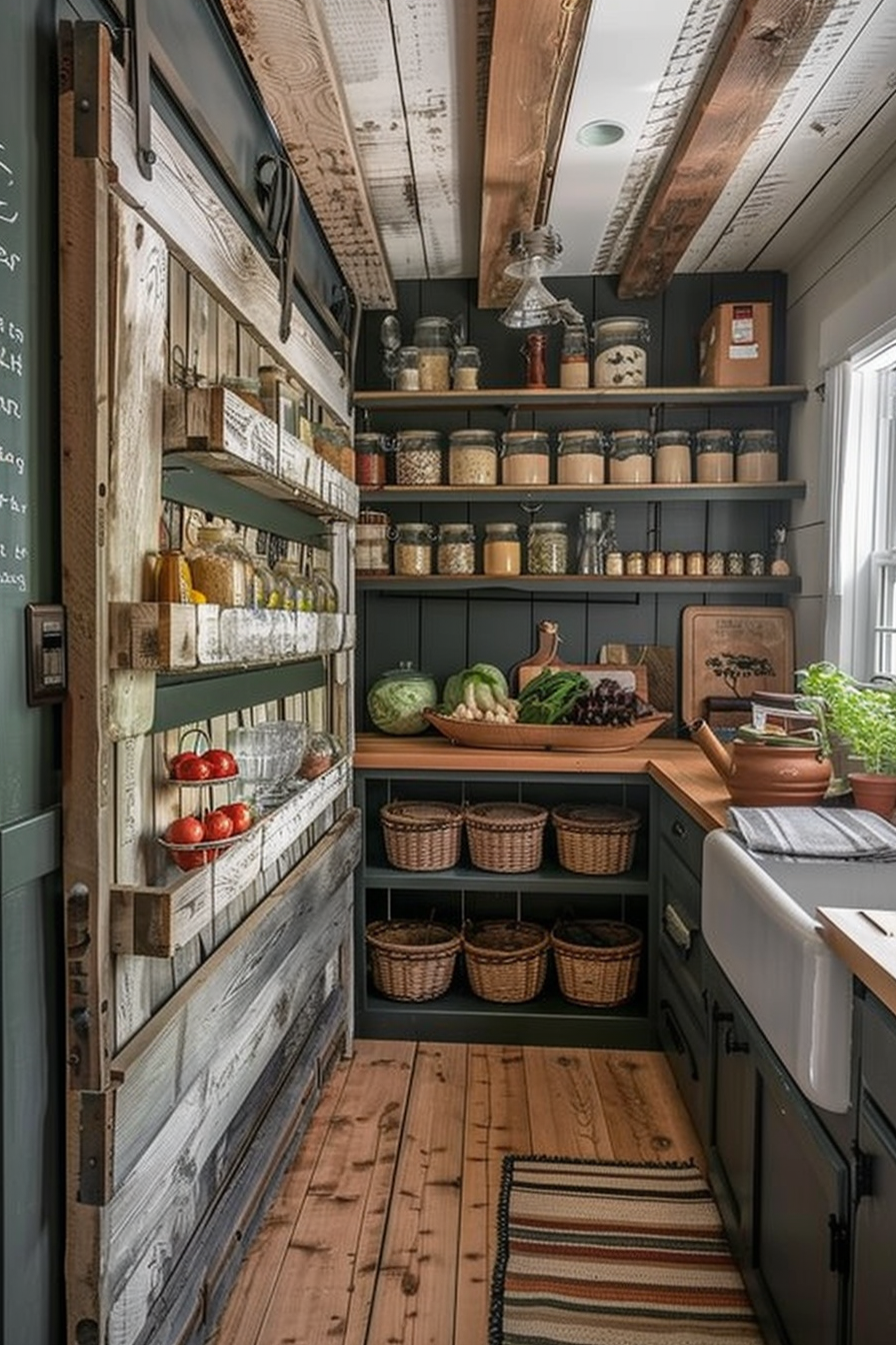 ALT: Rustic pantry with wooden shelves lined with jars and baskets, reclaimed wood accents, and a blackboard, in a cozy, well-lit space.