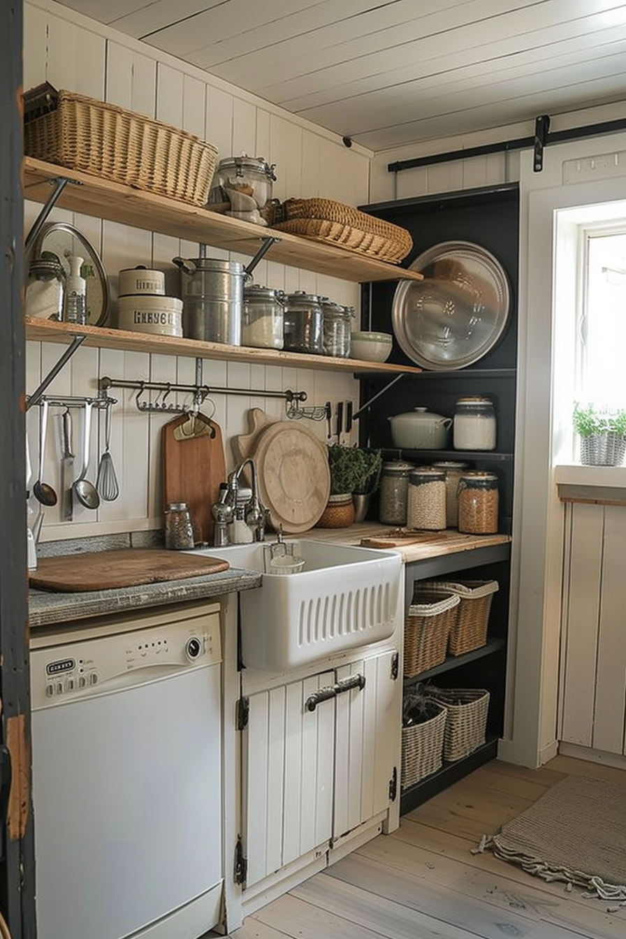 A cozy kitchen corner with open wooden shelving, various cookware and utensils, wicker baskets, and a vintage-style dishwasher.