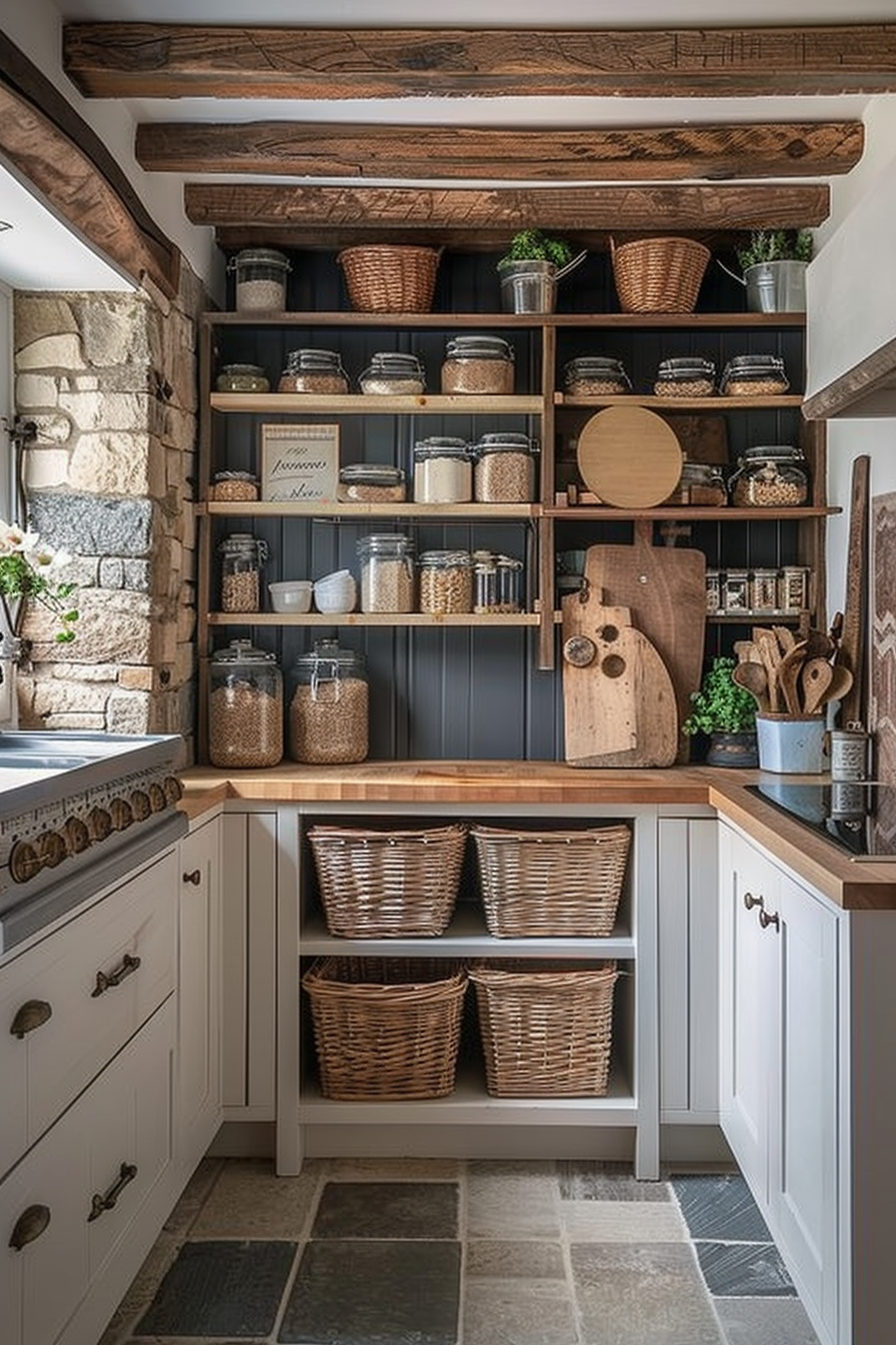 Rustic-style kitchen pantry with wooden shelves stocked with jars and baskets, featuring exposed stone wall and wooden beams.