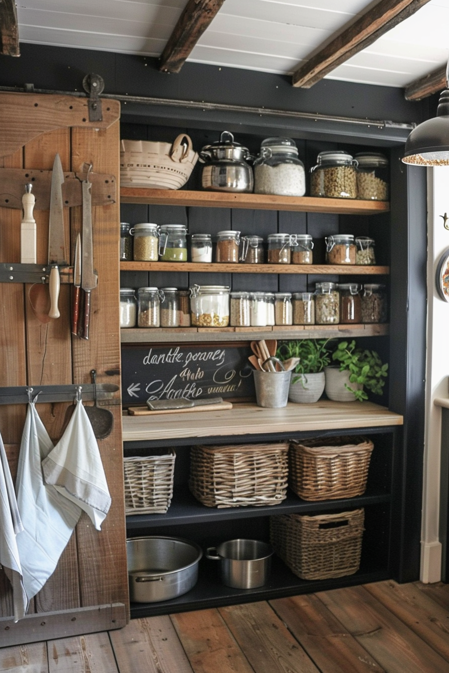 Rustic kitchen pantry shelves filled with various dry goods in glass jars, kitchen utensils, baskets, and a chalkboard sign.