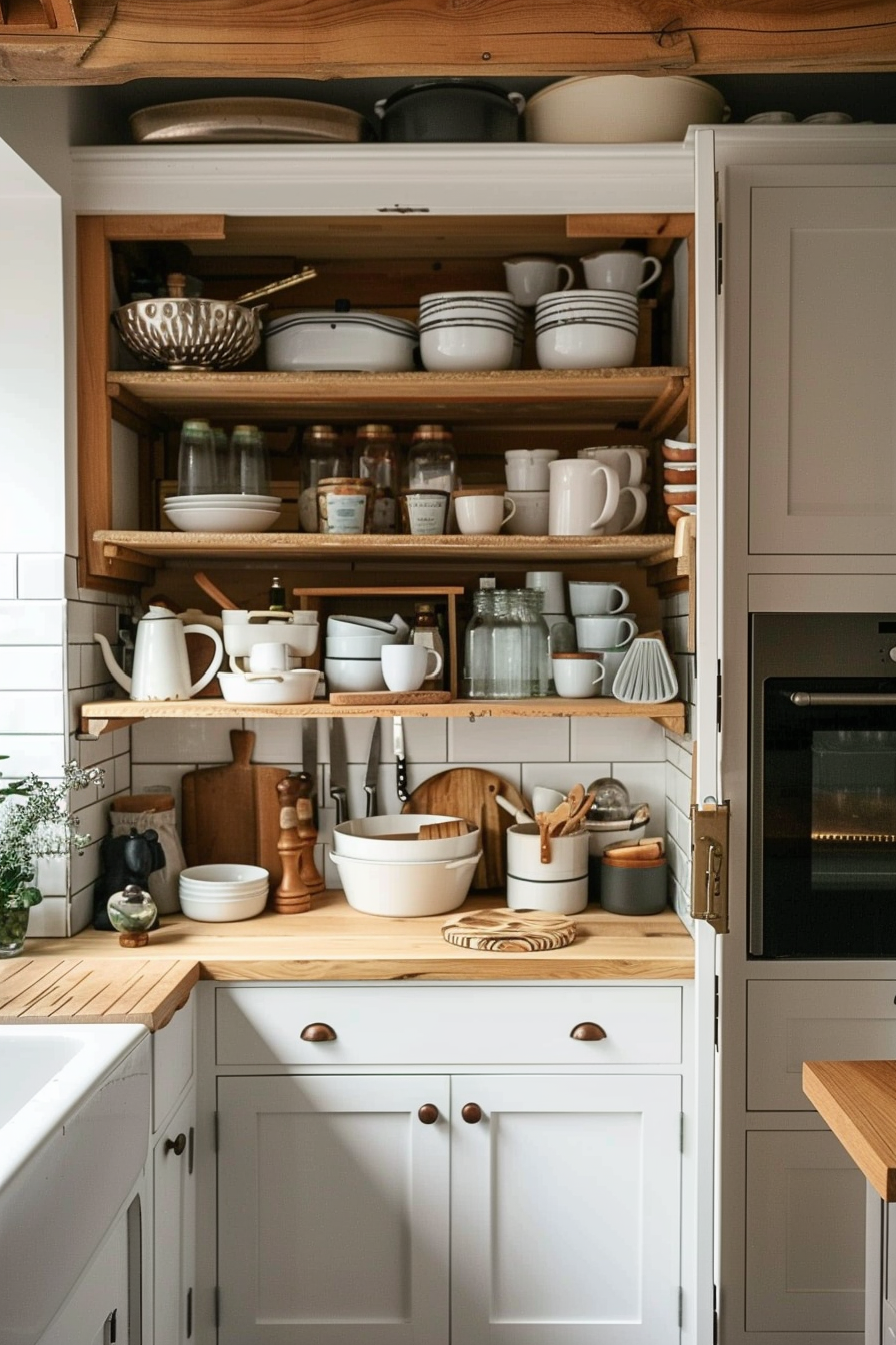 ALT: A neatly organized kitchen cabinet with an array of crockery, jars, and cooking utensils on wooden shelves, next to a white oven.