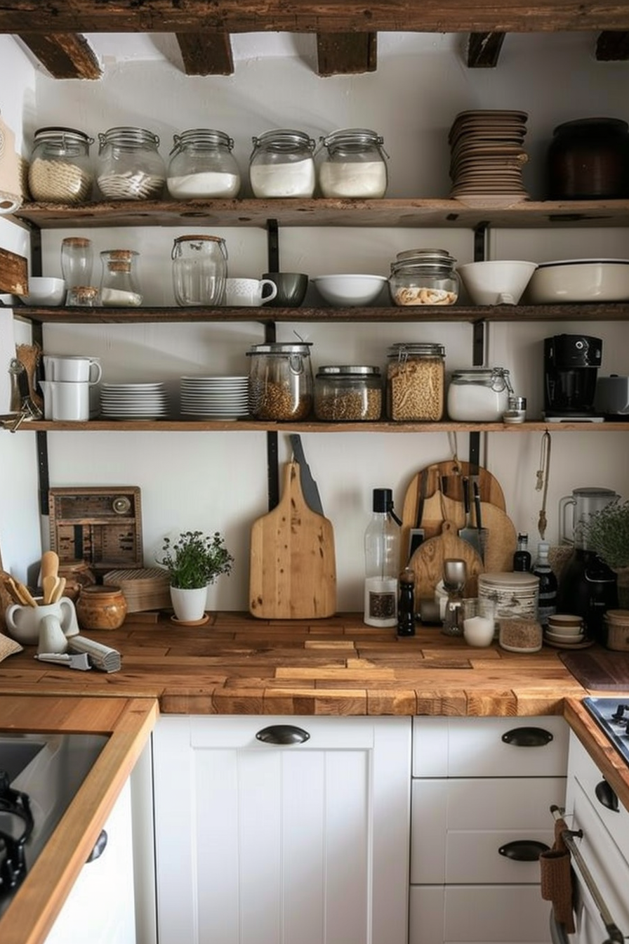 Rustic kitchen corner with open wooden shelves filled with jars, plates, and utensils, framed by a wooden countertop and white cabinets.