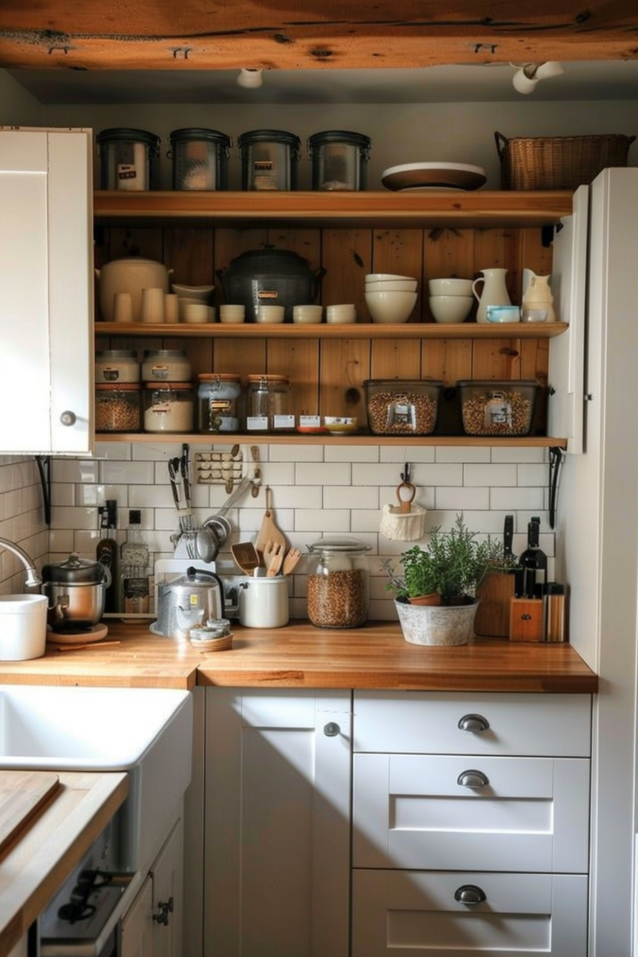 A well-organized kitchen with wooden shelves stocked with various pots, utensils, and containers, featuring white cabinetry.