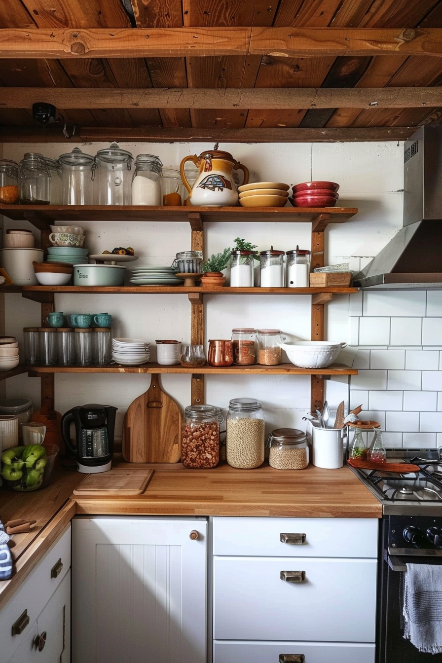 Cozy kitchen interior with wooden countertops and shelves stocked with assorted dishes, jars, and utensils against a tiled backsplash.