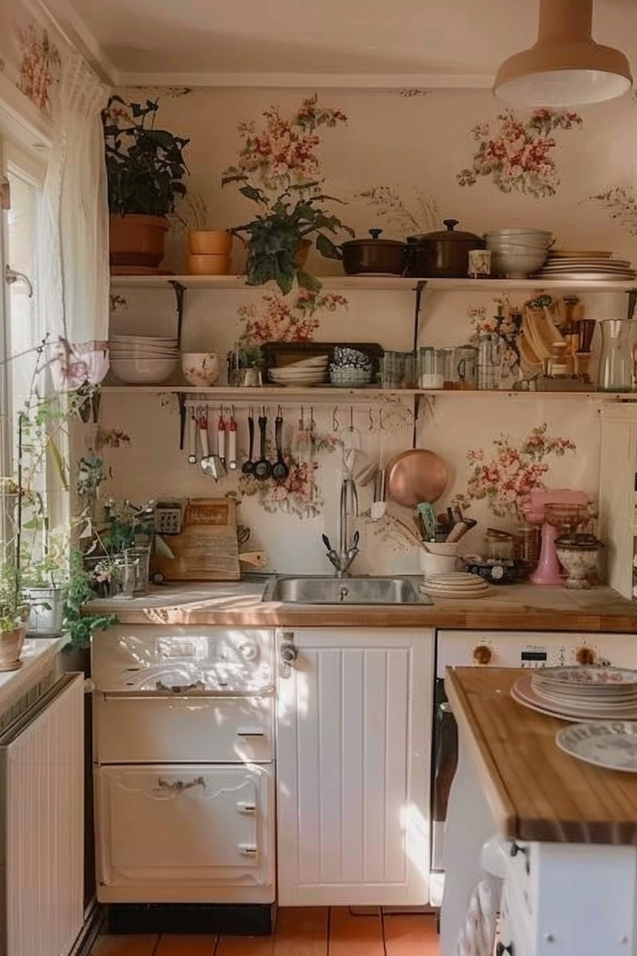 Cozy vintage kitchen with floral wallpaper, open shelving, pots, plates, and sunlight filtering through a window.