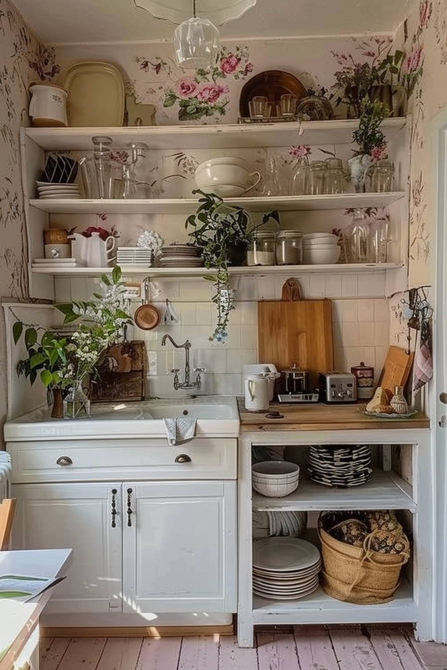 Cozy vintage kitchen interior with floral wallpaper, open shelves filled with dishes, and a farmhouse sink with plants.