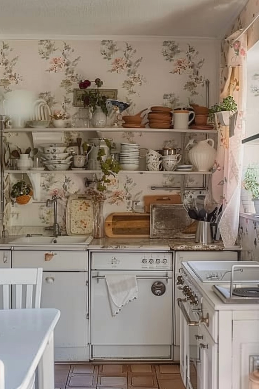Cozy vintage kitchen with floral wallpaper, open shelving filled with dishes, and white appliances.