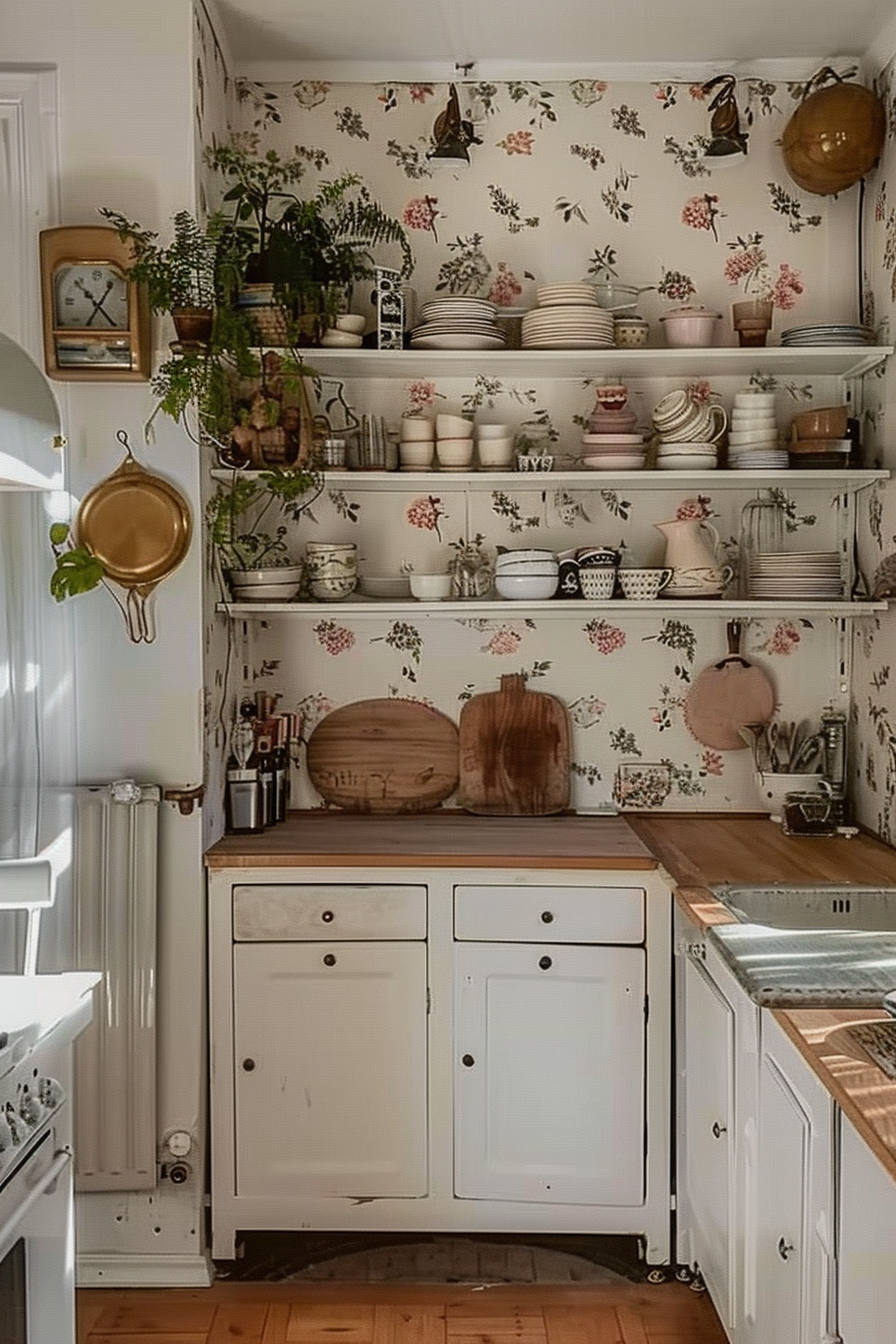 Cozy kitchen corner with vintage wallpaper, open shelves filled with dishes and plants, and white cabinetry with wooden countertops.
